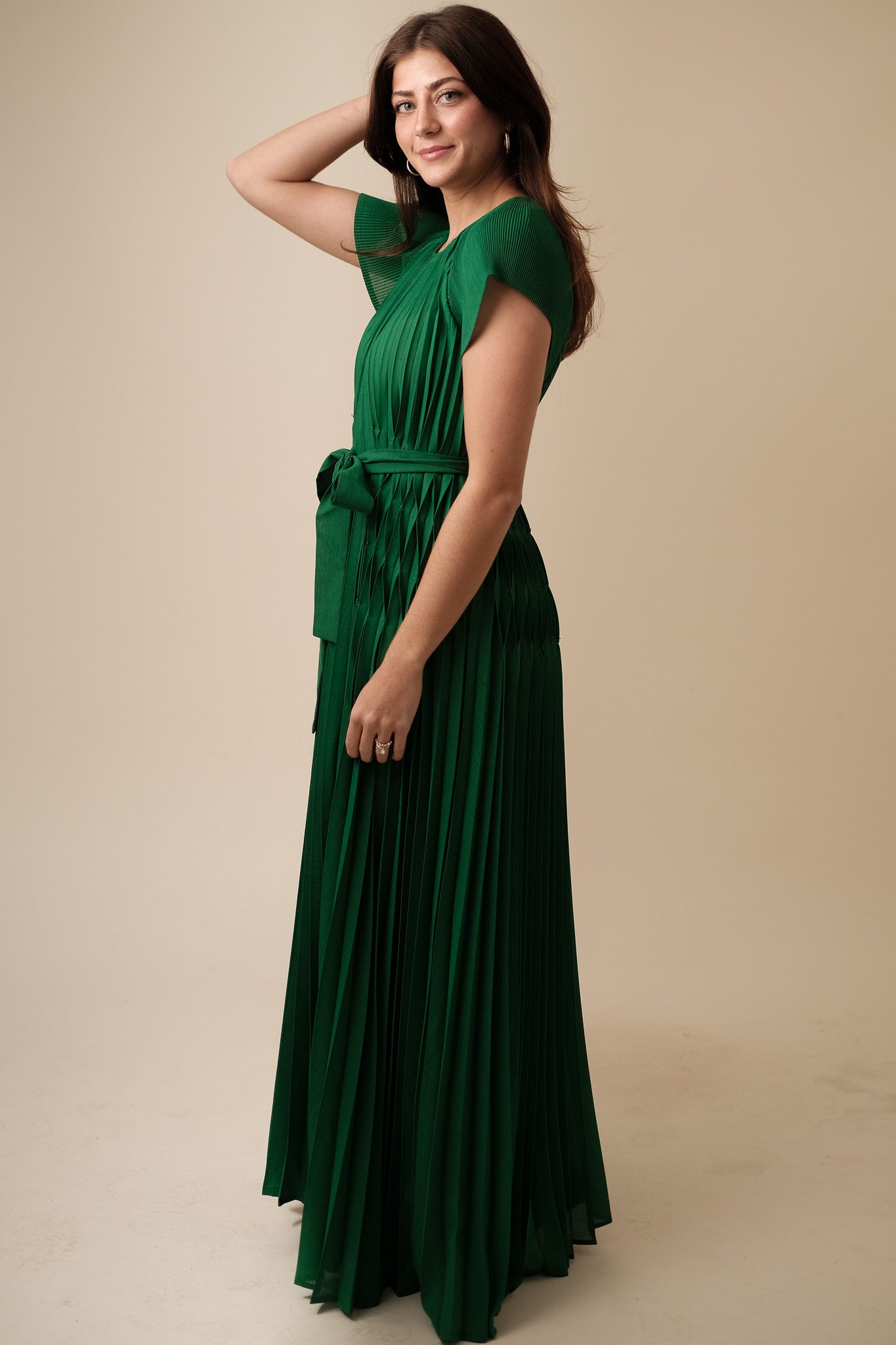 Current Air Darlene Green Pleated Tie Waist Maxi Dress (L)