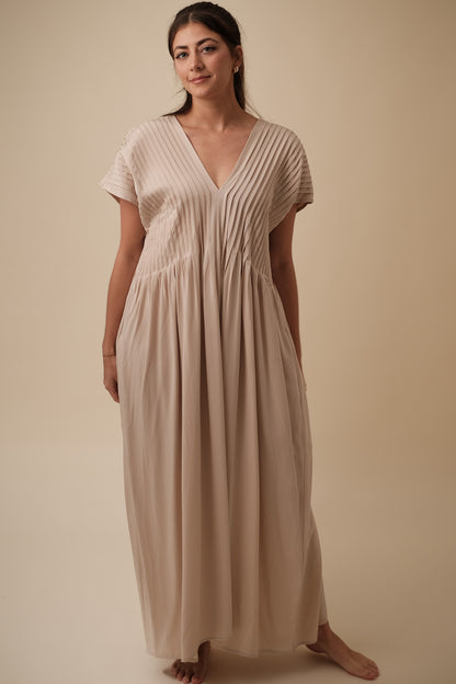 Things Between Freya Pin-Tuck Detailed Maxi Dress (Beige)