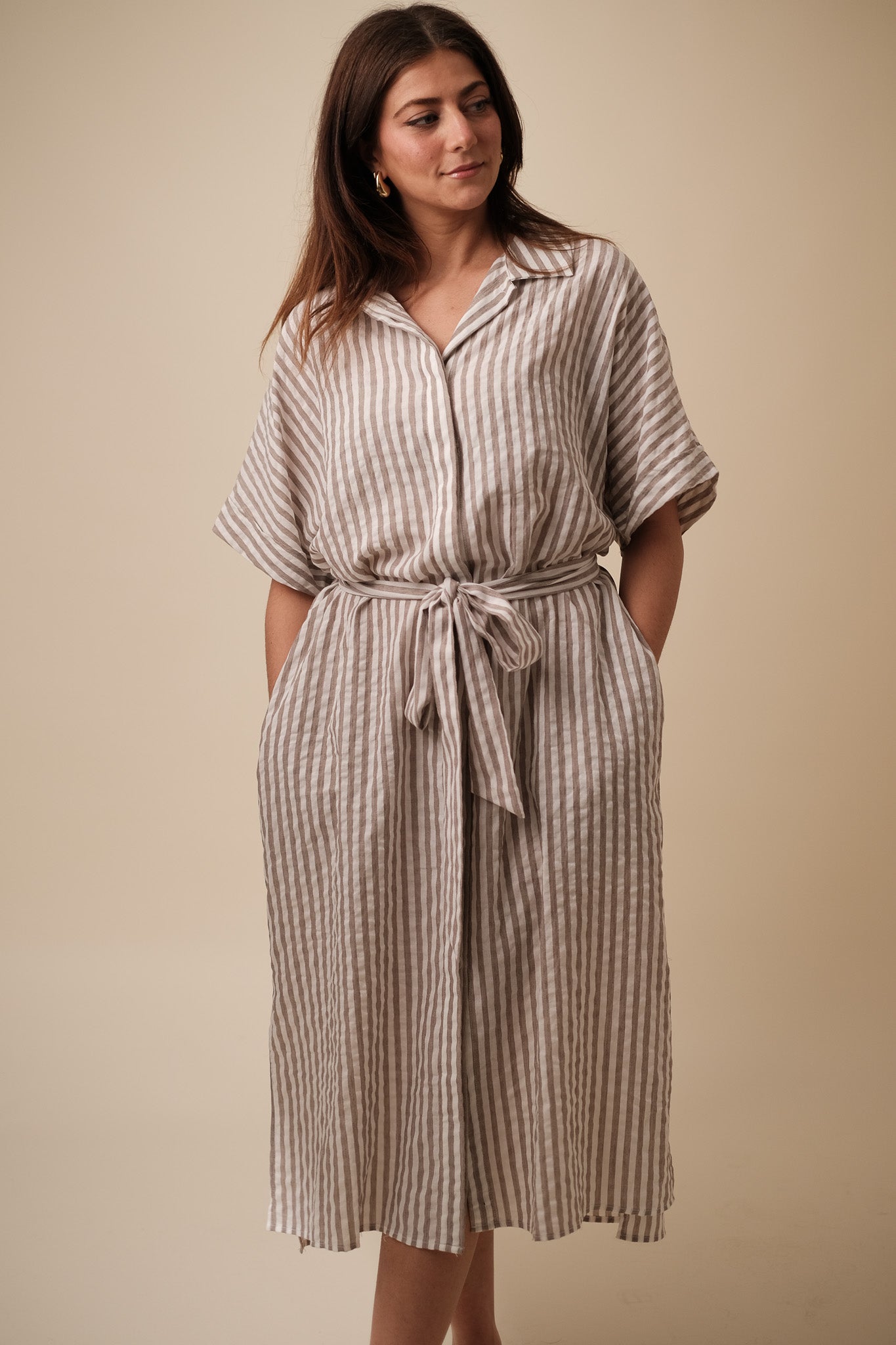 Harmony Soft Stripe Belted Midi Dress (Rust)