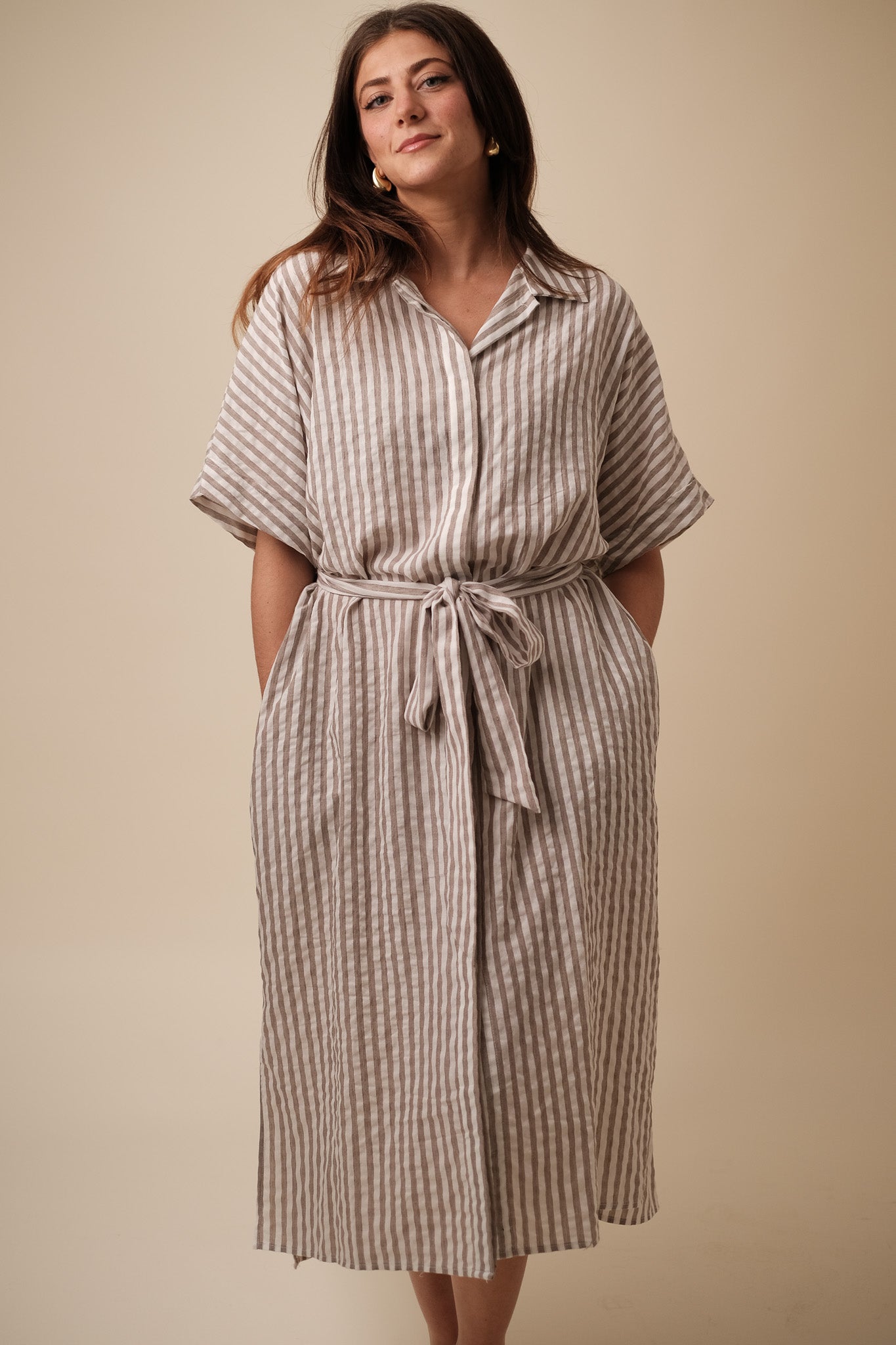 Harmony Soft Striped Belted Midi Dress (Rust)