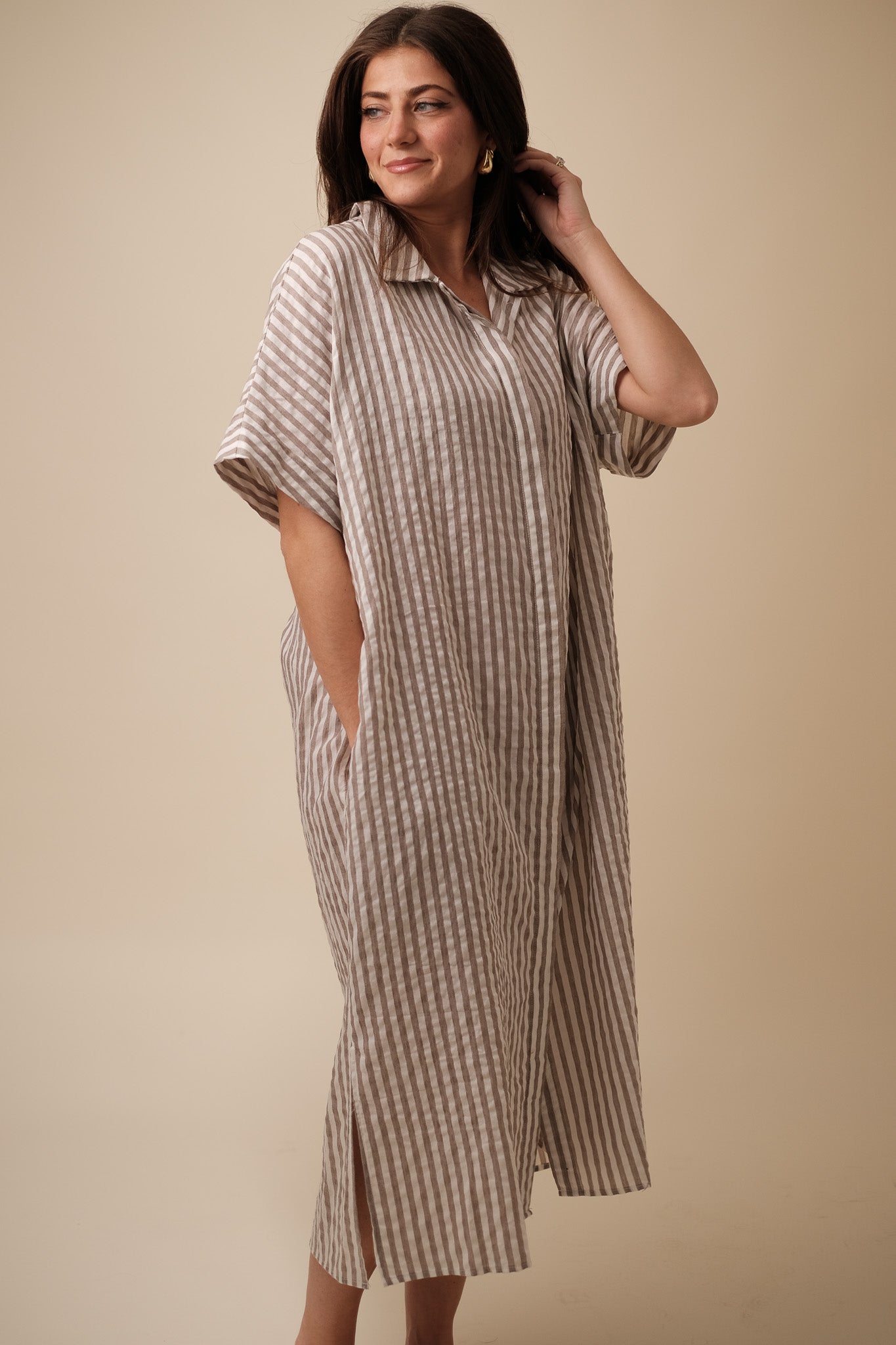 Harmony Soft Stripe Belted Midi Dress (Rust)