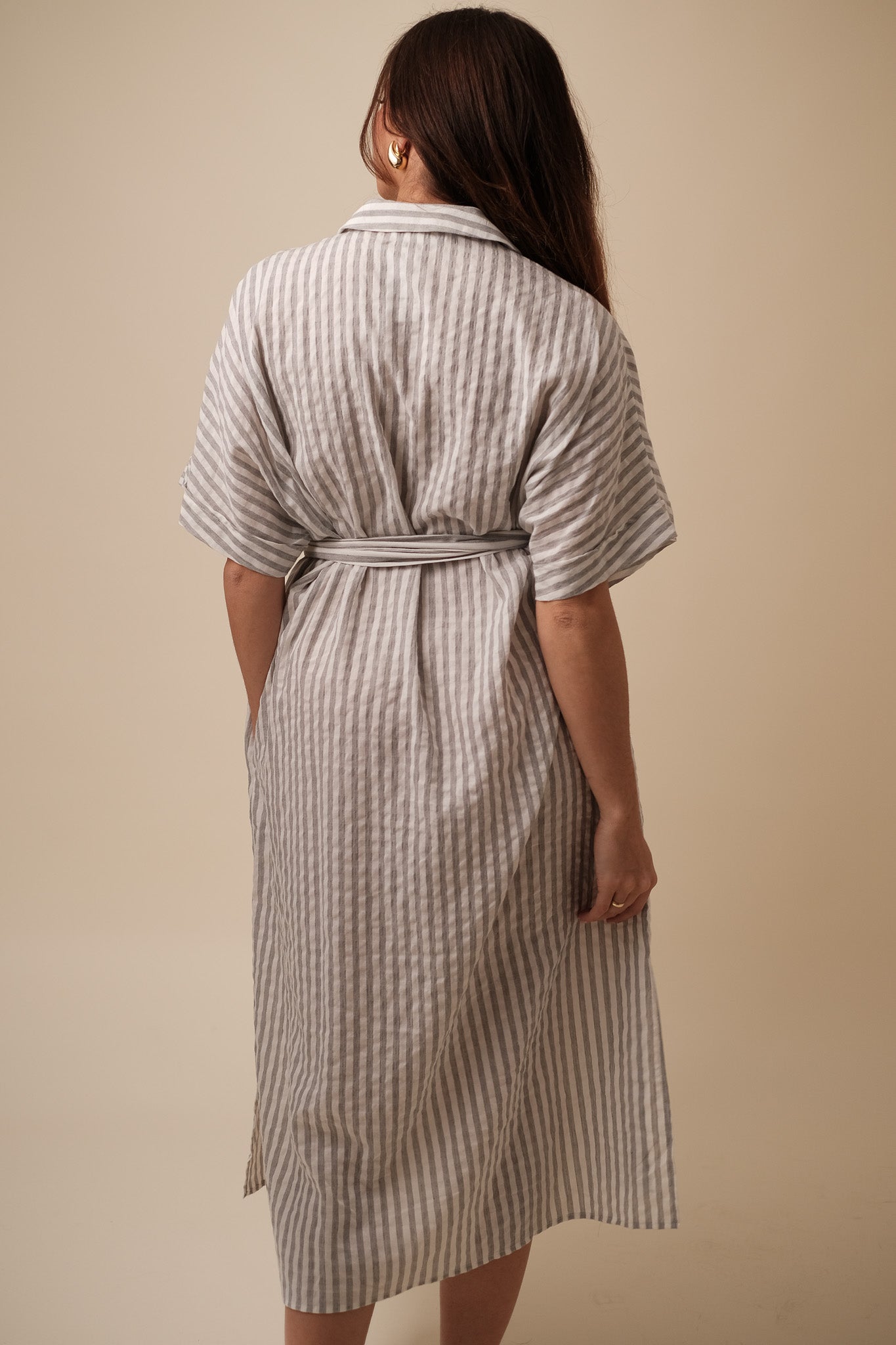Harmony Soft Stripe Belted Midi Dress (Grey)
