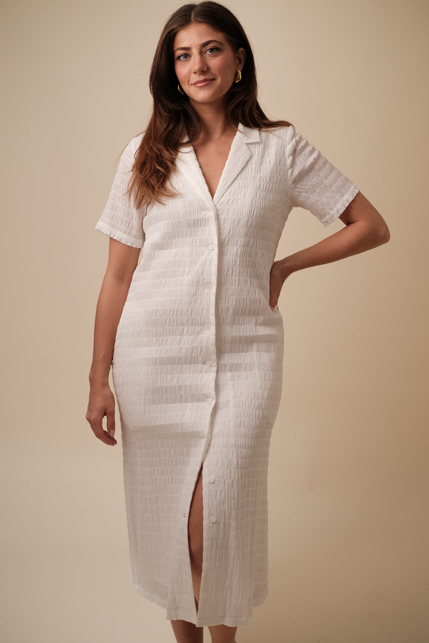 FRNCH Coline Woven Crinkled Collar Shirt Midi Dress (White)