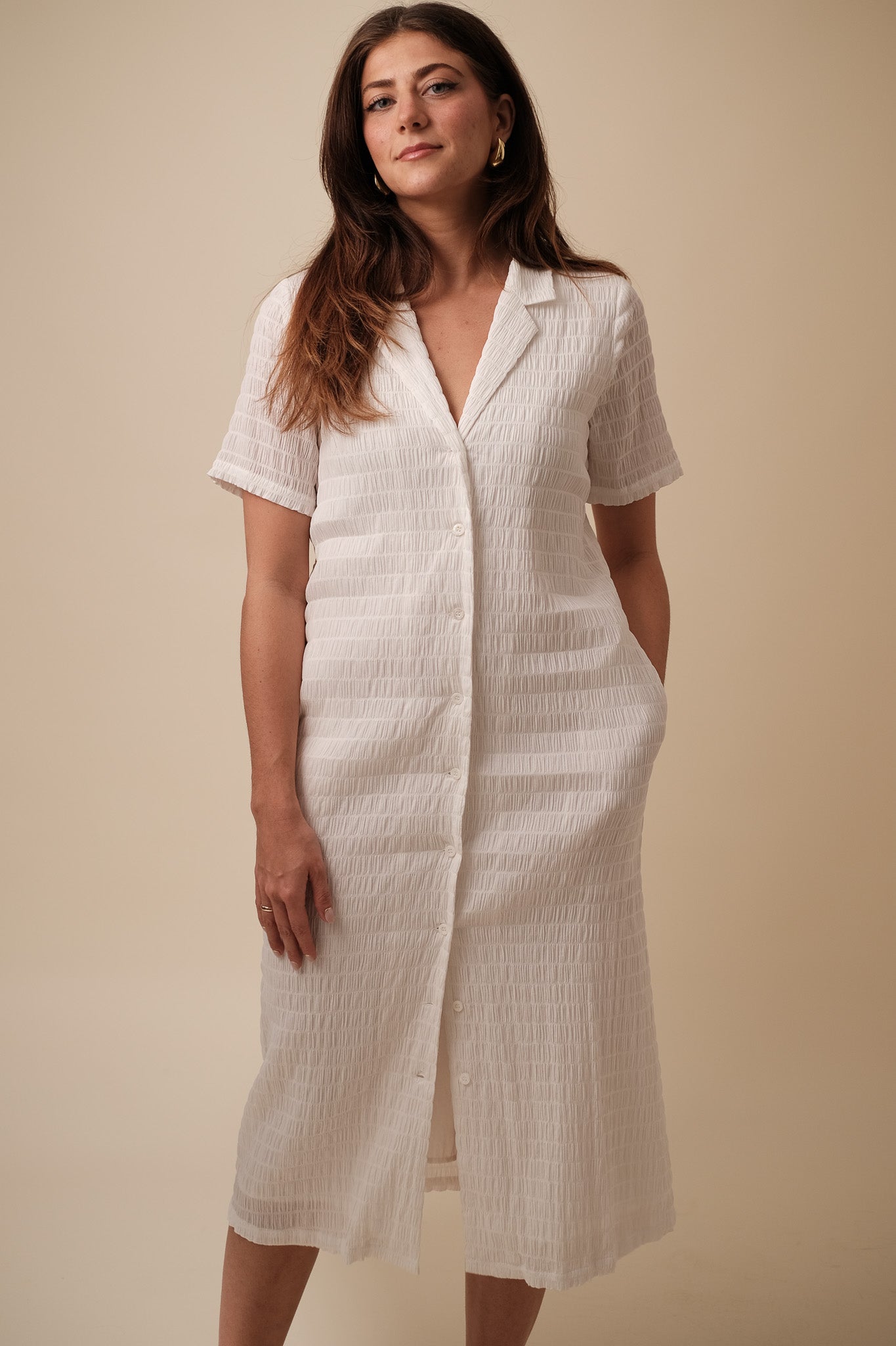 FRNCH Coline Woven Crinkled Collar Shirt Midi Dress (White)