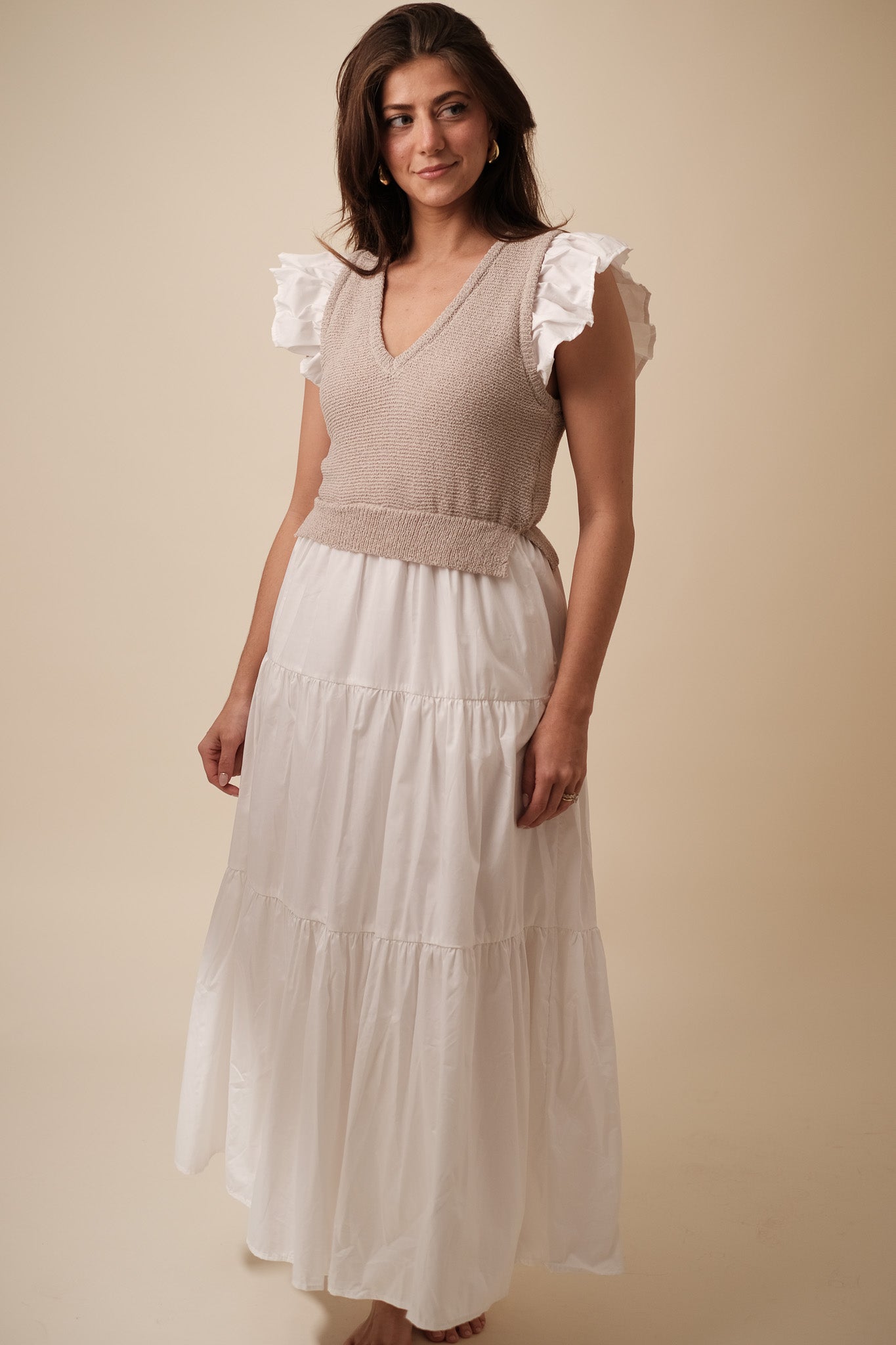 Sofie the Label Clover Flutter Sleeve Midi Dress (White) S