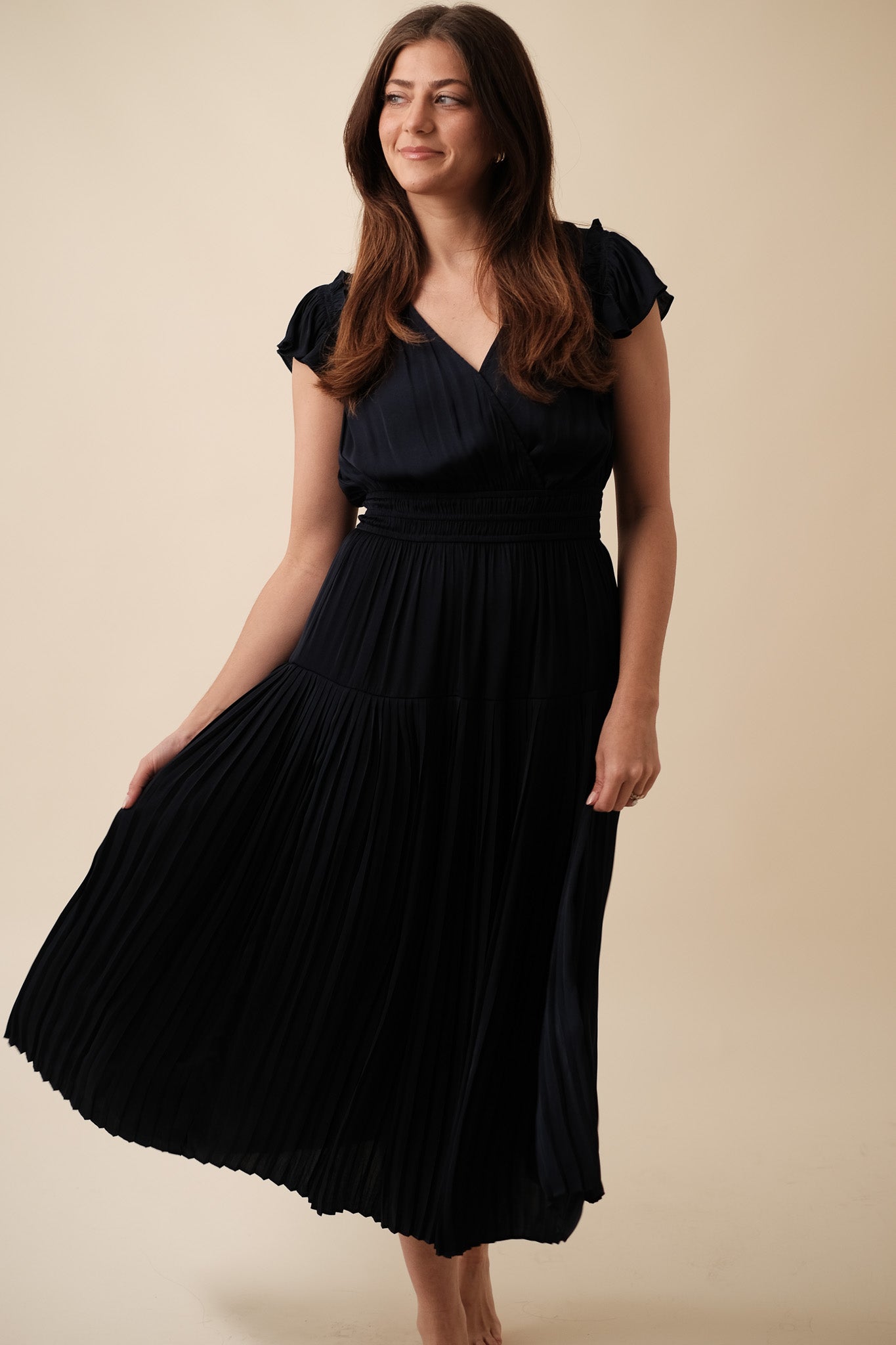 Current Air Sophia Flutter Sleeve Midi Dress (Navy)