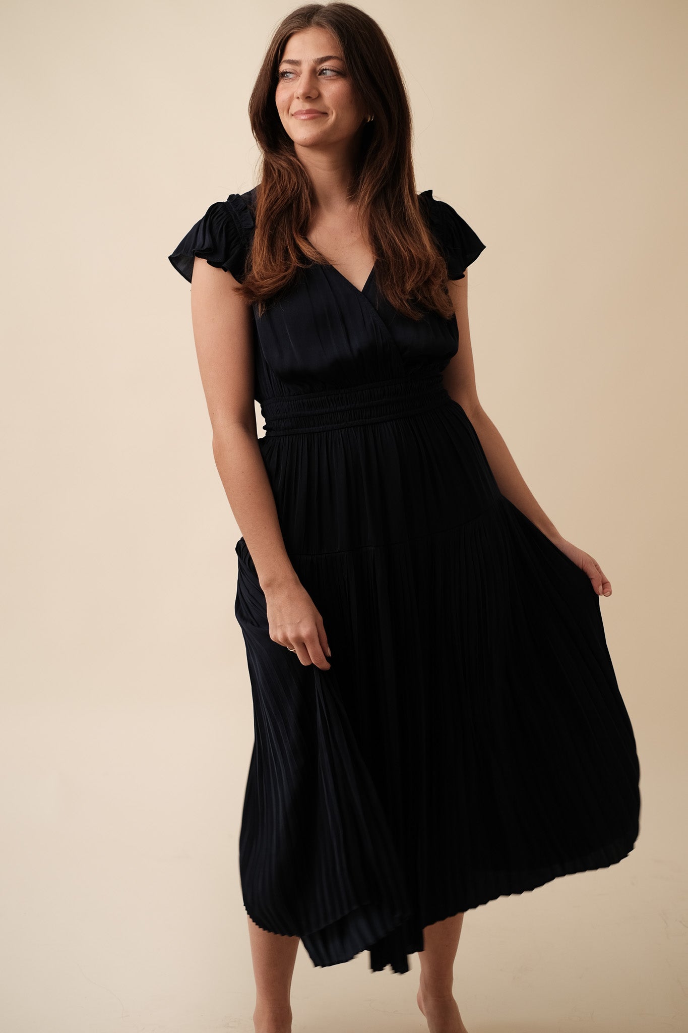 Current Air Sophia Flutter Sleeve Midi Dress (Navy)