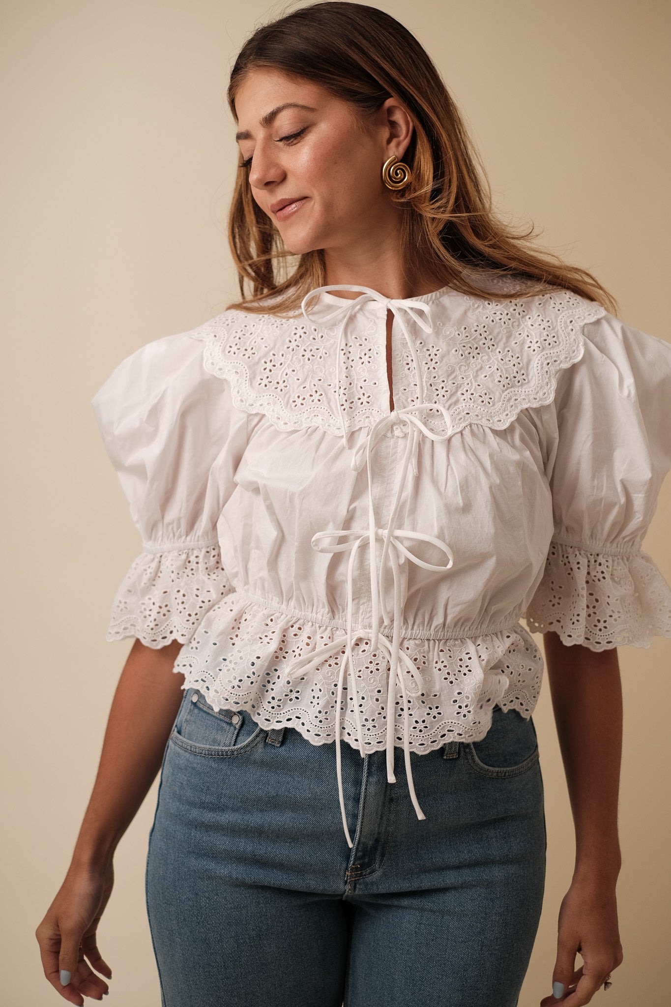 Sofie the Label Melody White Eyelet Peasant Top