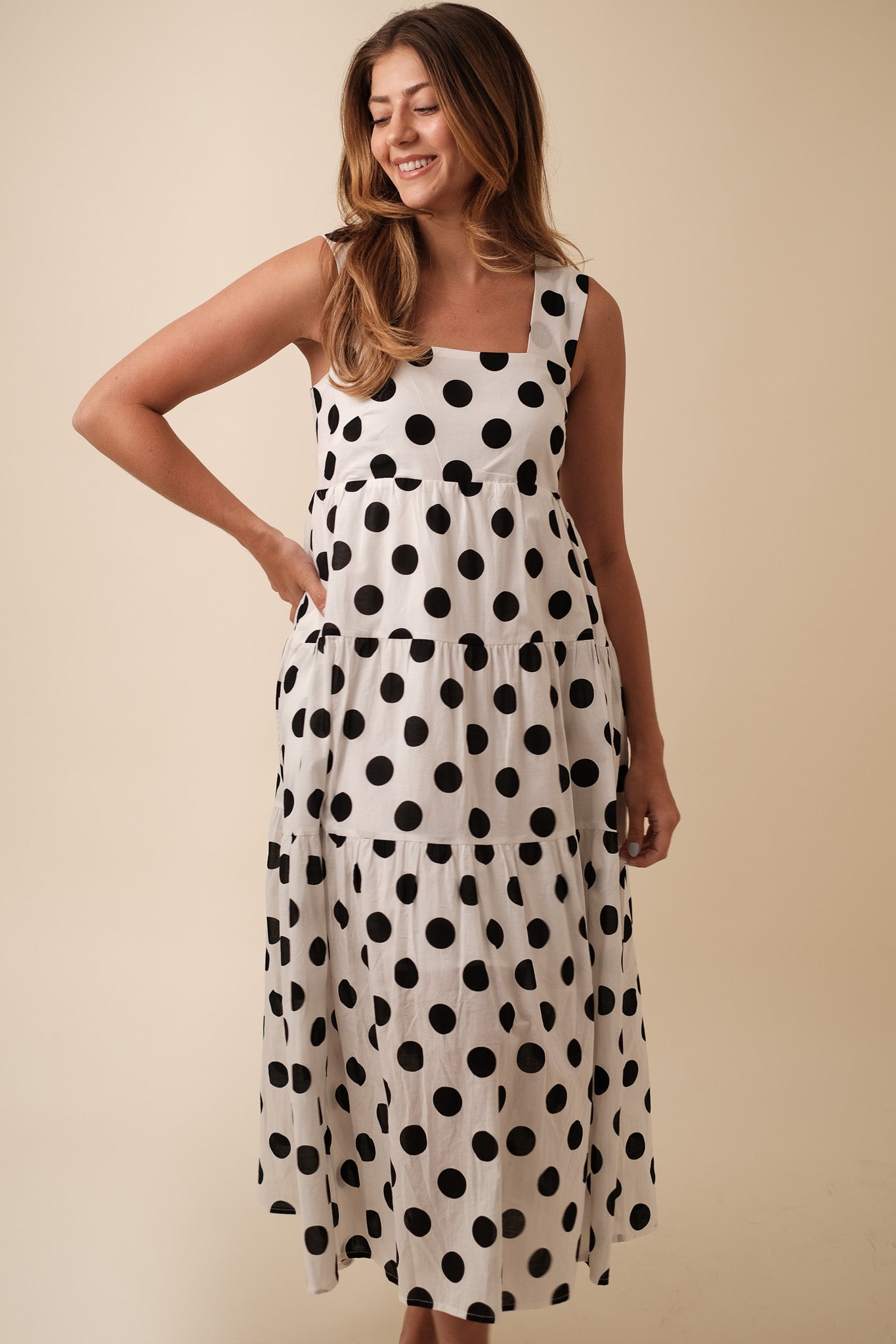 Aureum Maria Polka Dot Tiered Tank Midi Dress