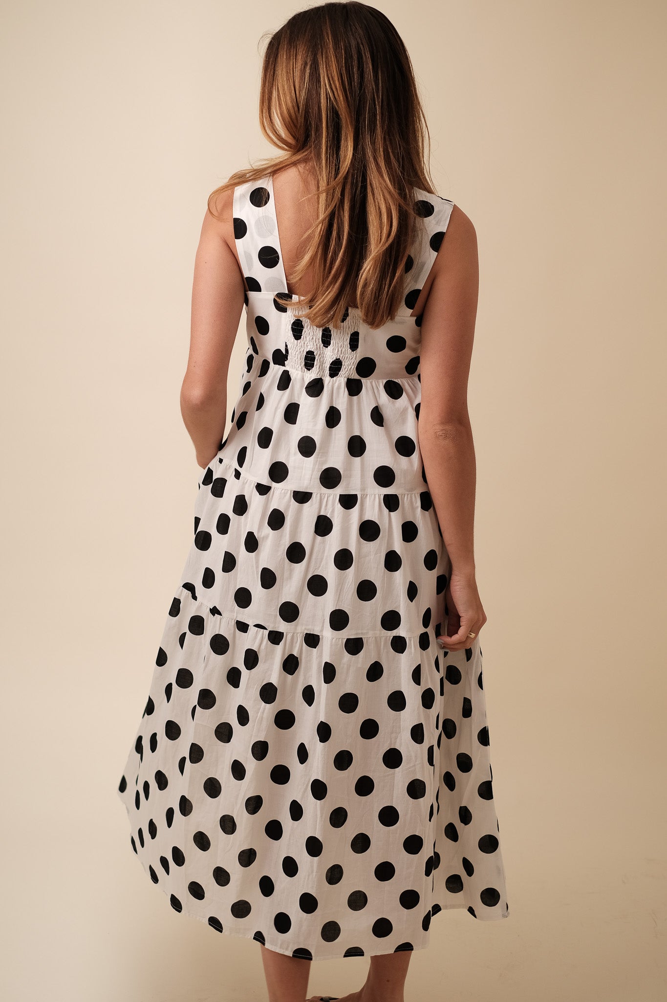 Aureum Maria Polka Dot Tiered Tank Midi Dress