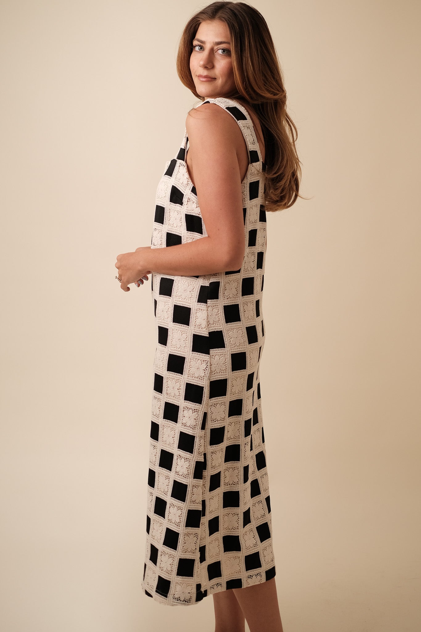 Aureum Mia Crochet Checkered Tank Midi Dress (Black)