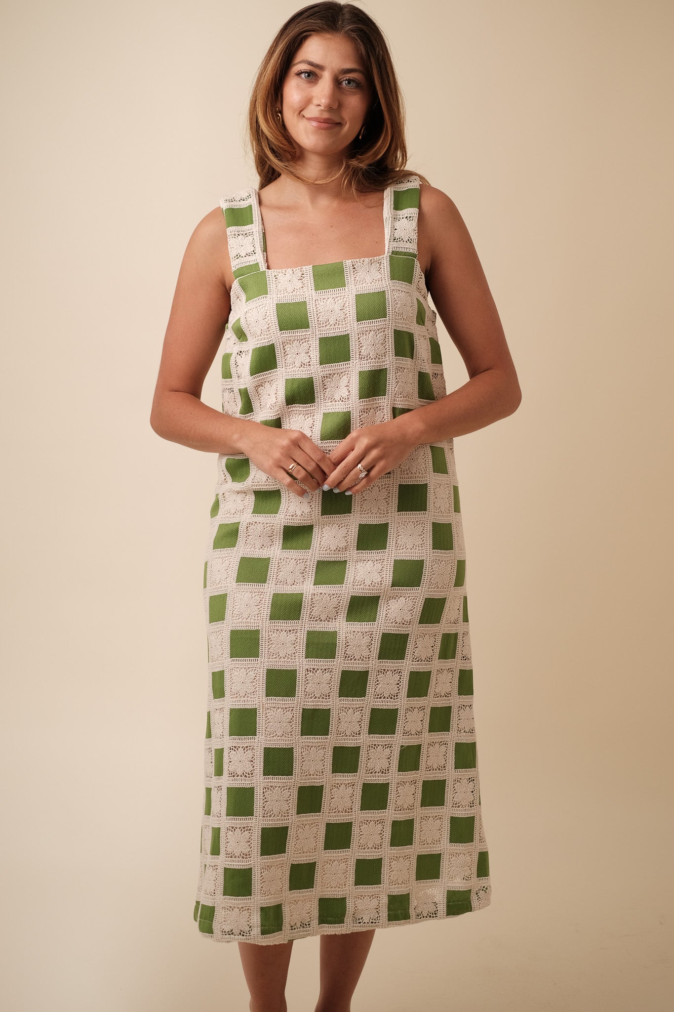 Aureum Mia Crochet Checkered Tank Midi Dress (Green)