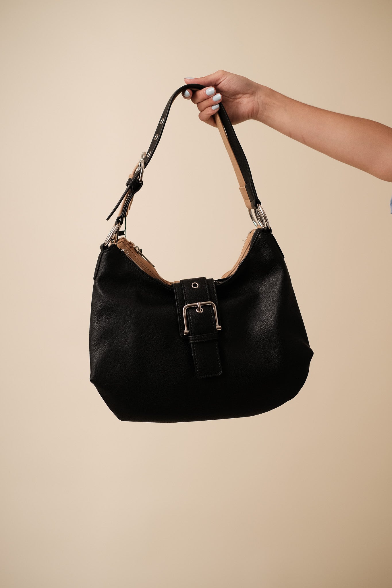 Street Level Buckled Hobo Shoulder Bag (Black)