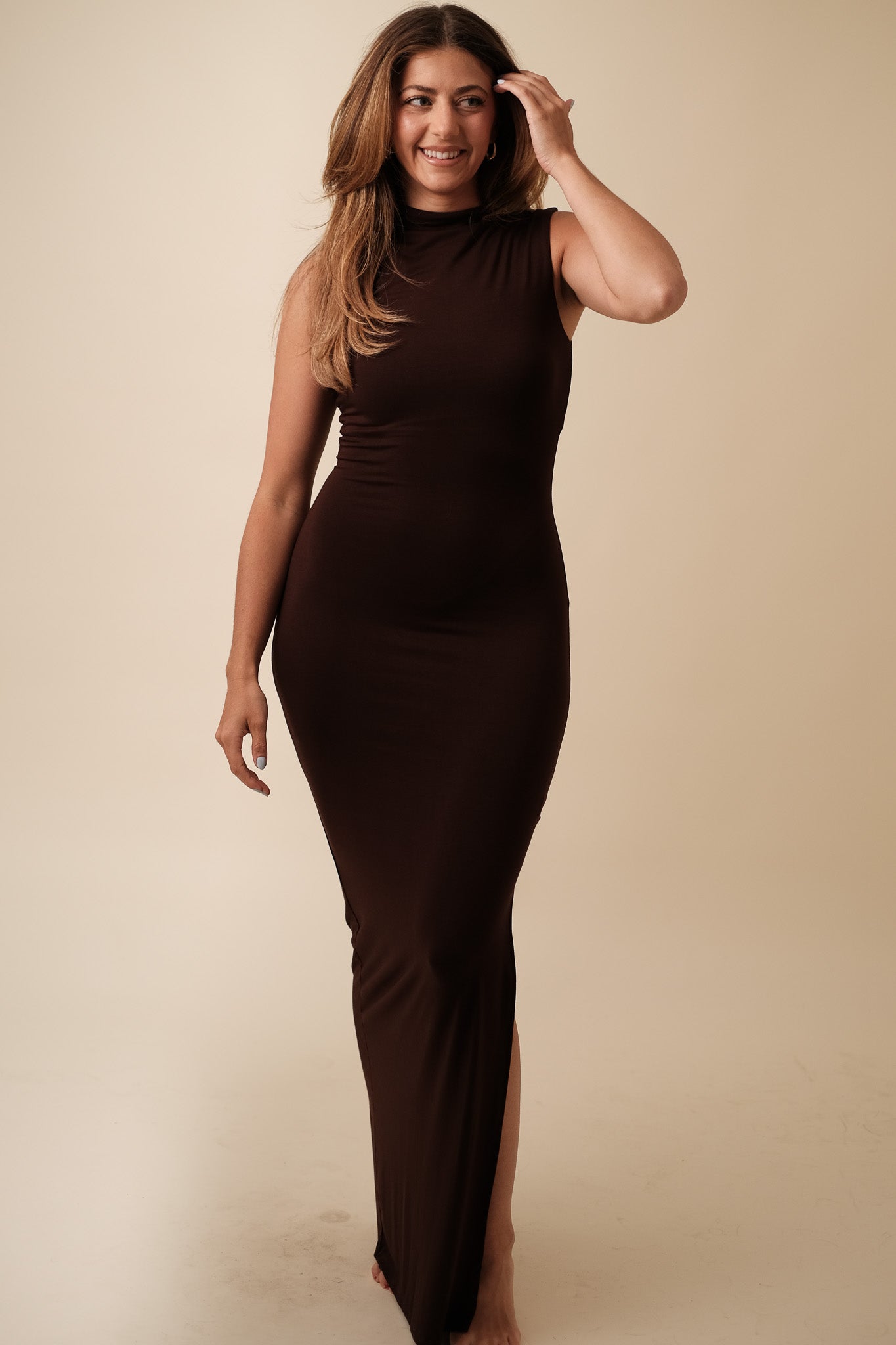 Naomi High Neck Stretch Fit Maxi Dress (Brown)
