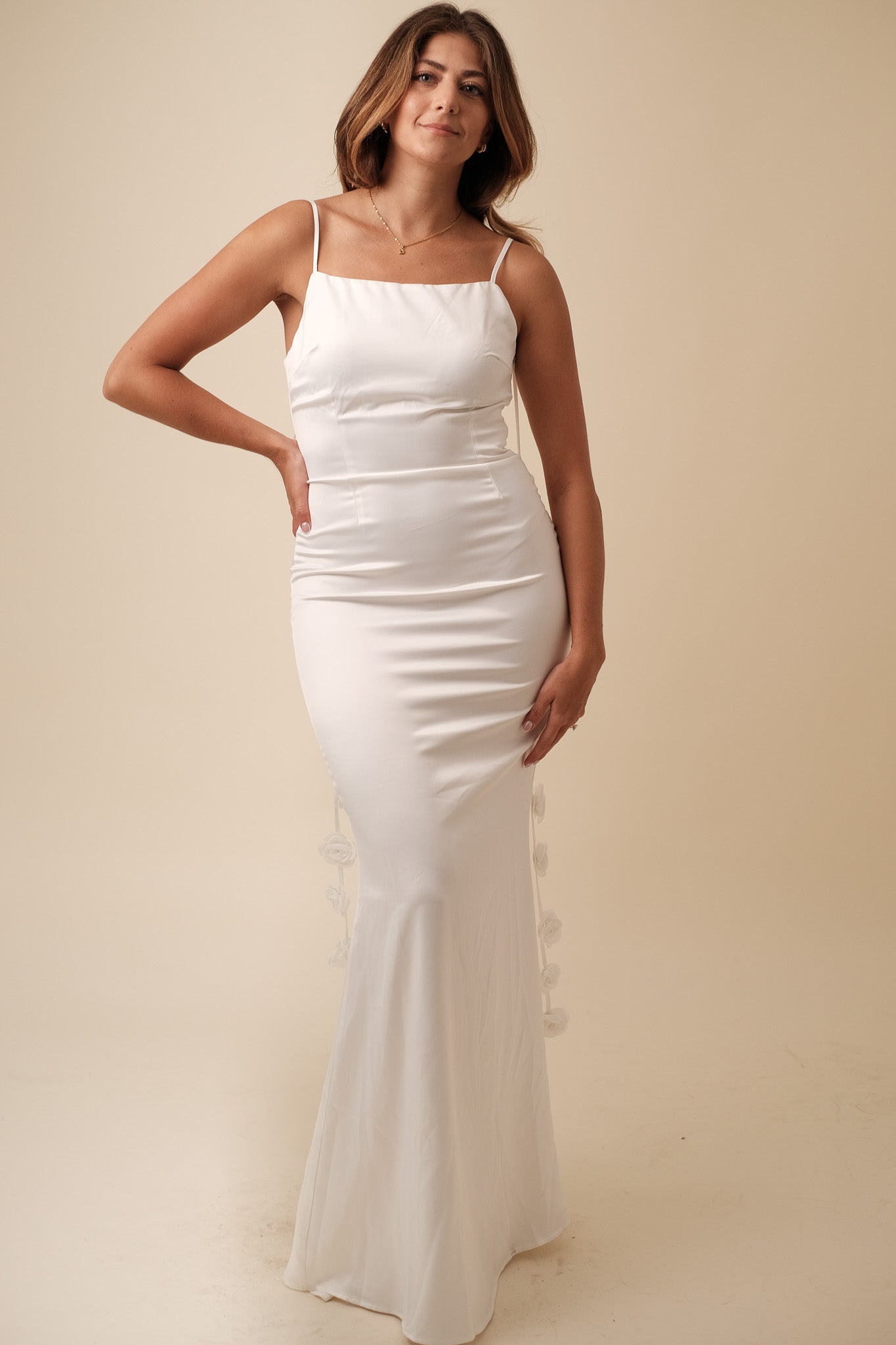 Sophia White Satin Floral Drape Maxi Dress