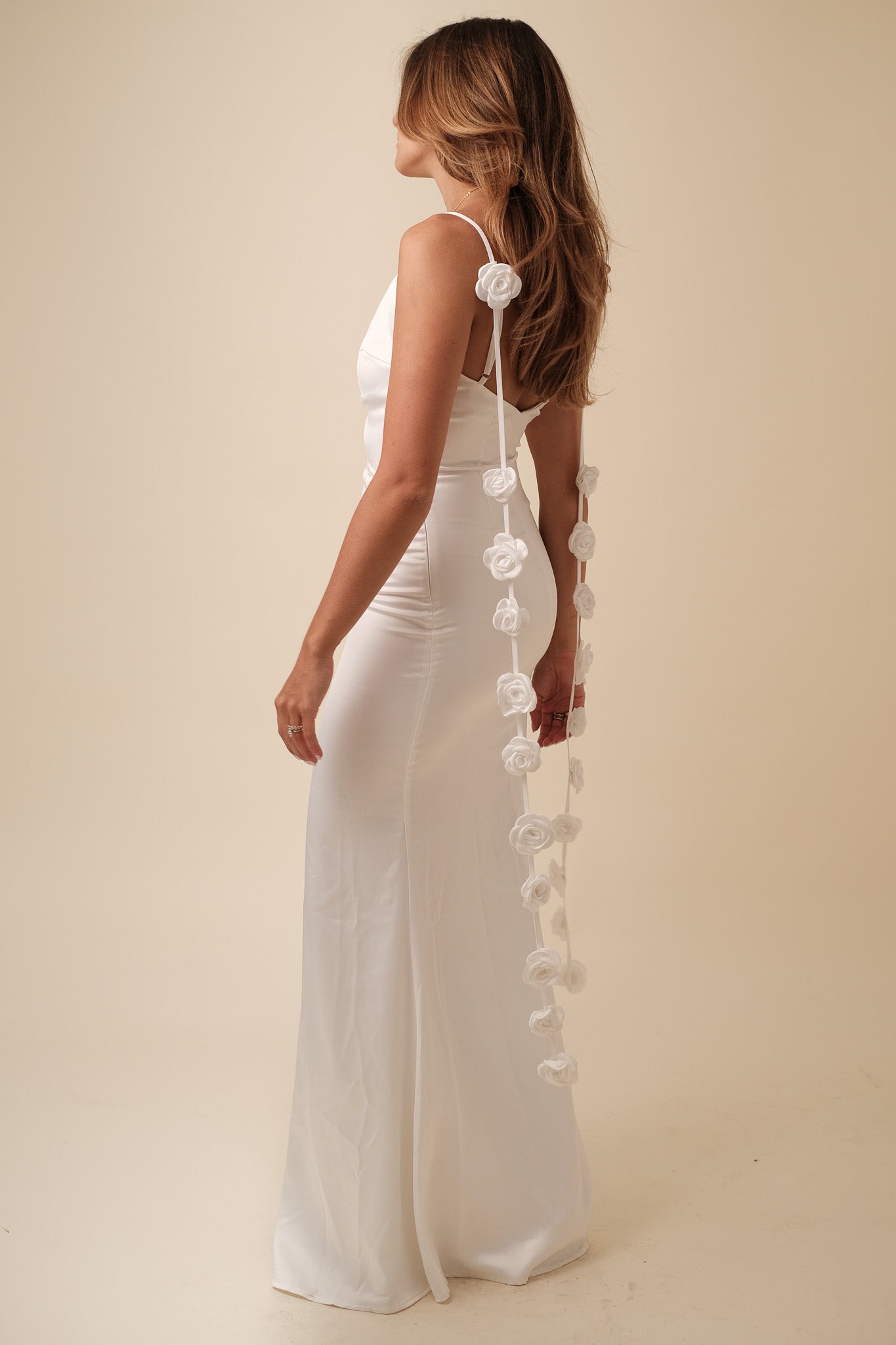 Sophia White Satin Floral Drape Maxi Dress