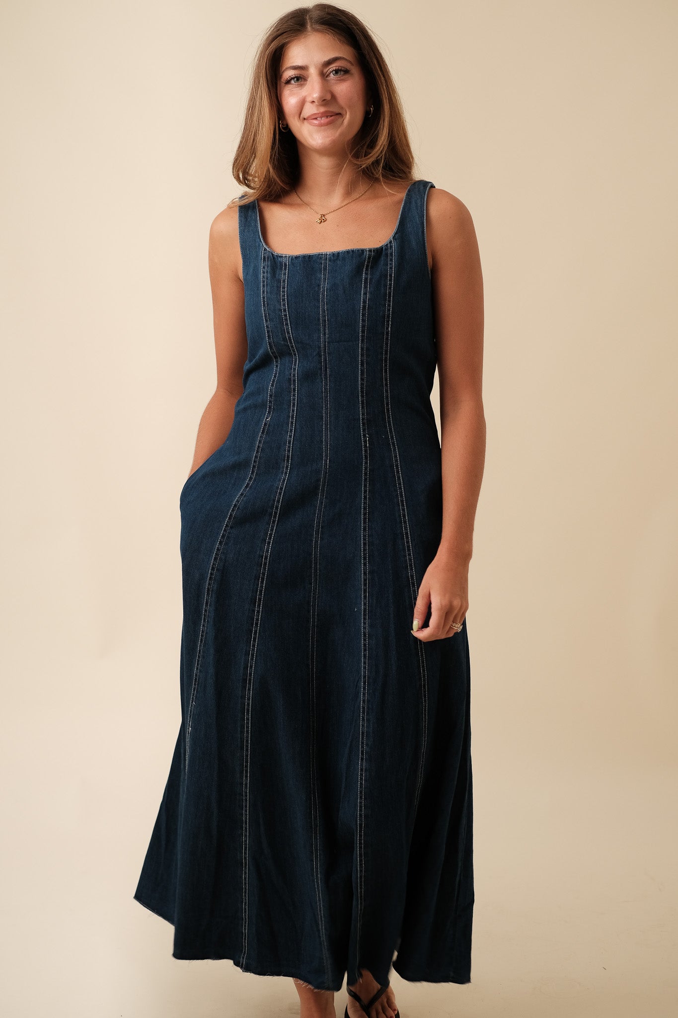 Miou Muse Chloe Dark Denim Boning Midi Dress
