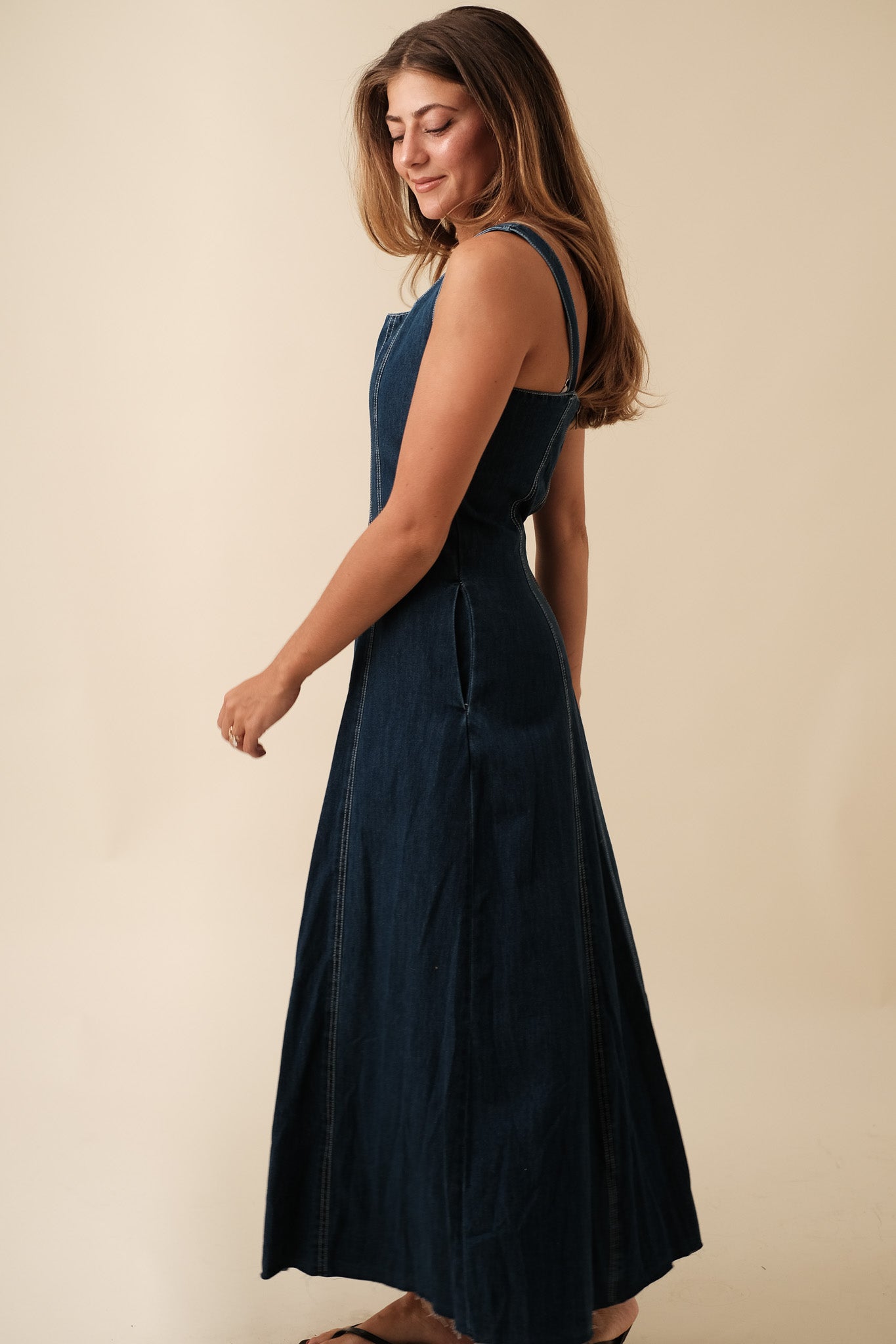 Miou Muse Chloe Dark Denim Boning Midi Dress