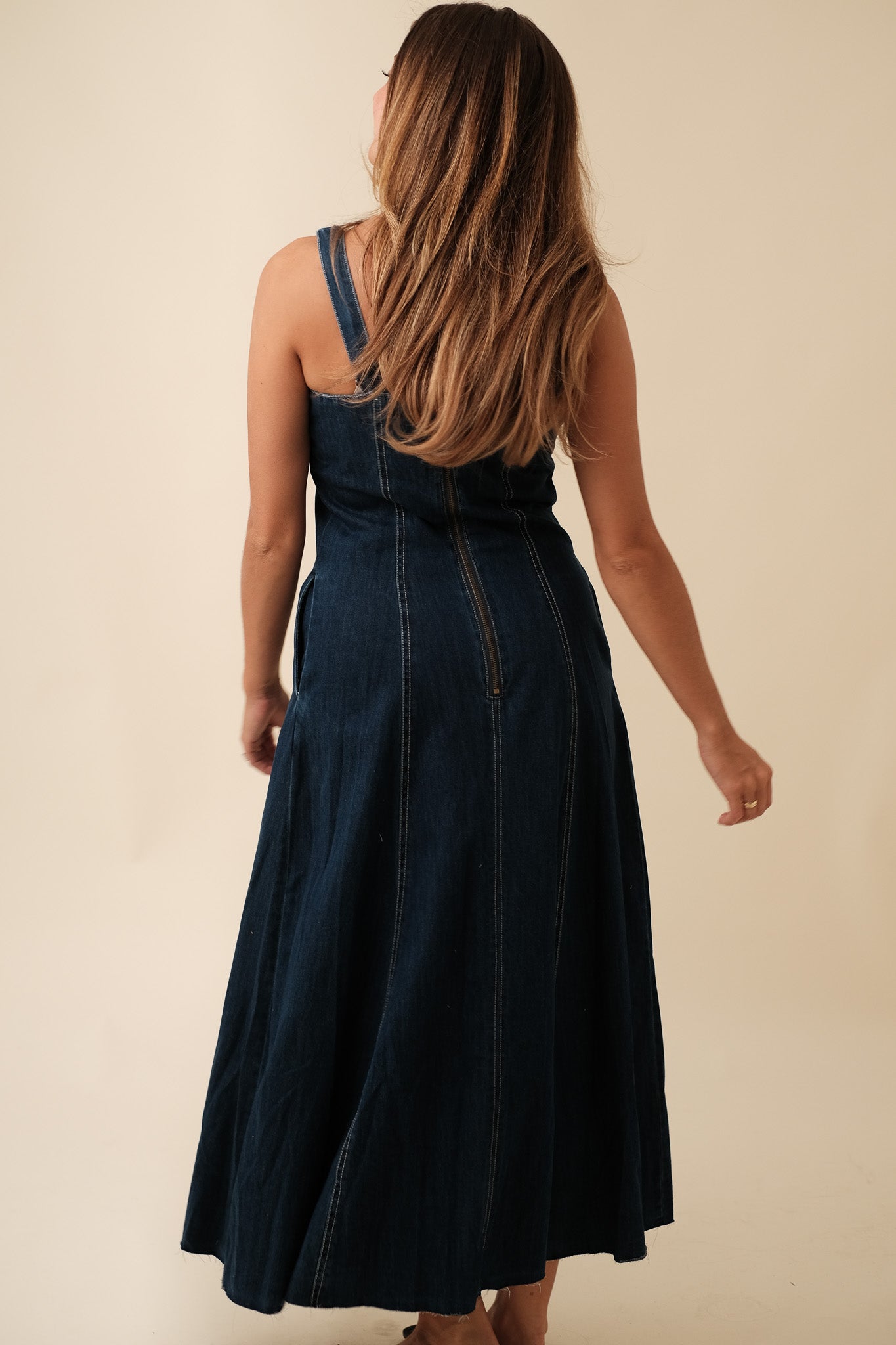Miou Muse Chloe Dark Denim Boning Midi Dress