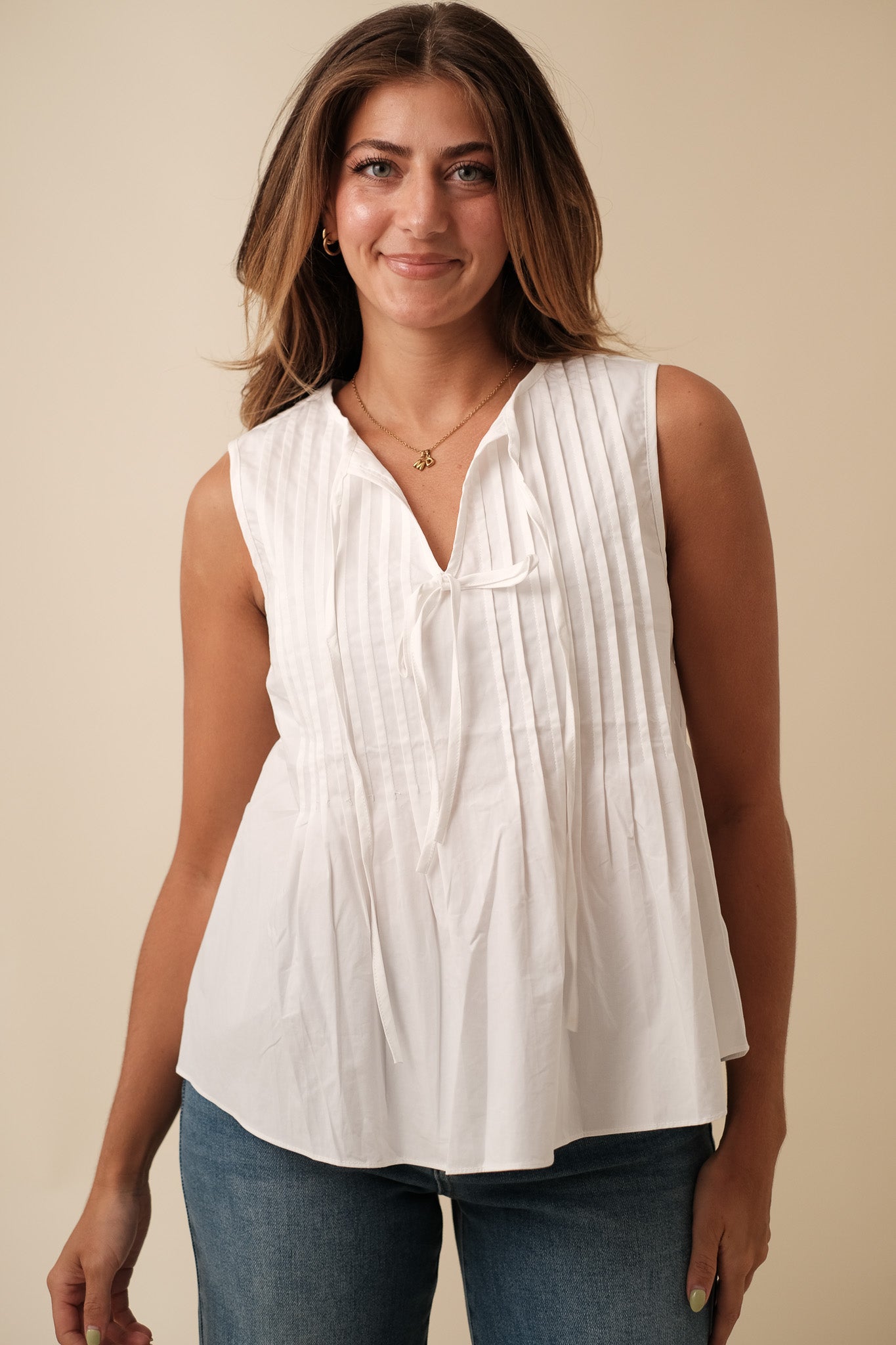 Charlotte Pintuck Poplin Cotton Sleeveless Top (White)