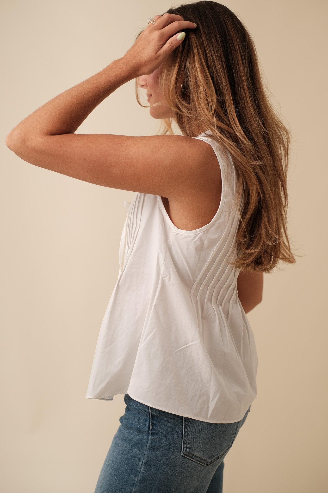 Charlotte Pintuck Poplin Cotton Sleeveless Top (White)
