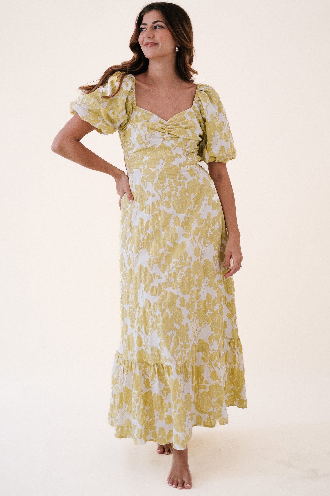 Ashton Floral Extravaganza Puff Sleeve Maxi Dress (Yellow)