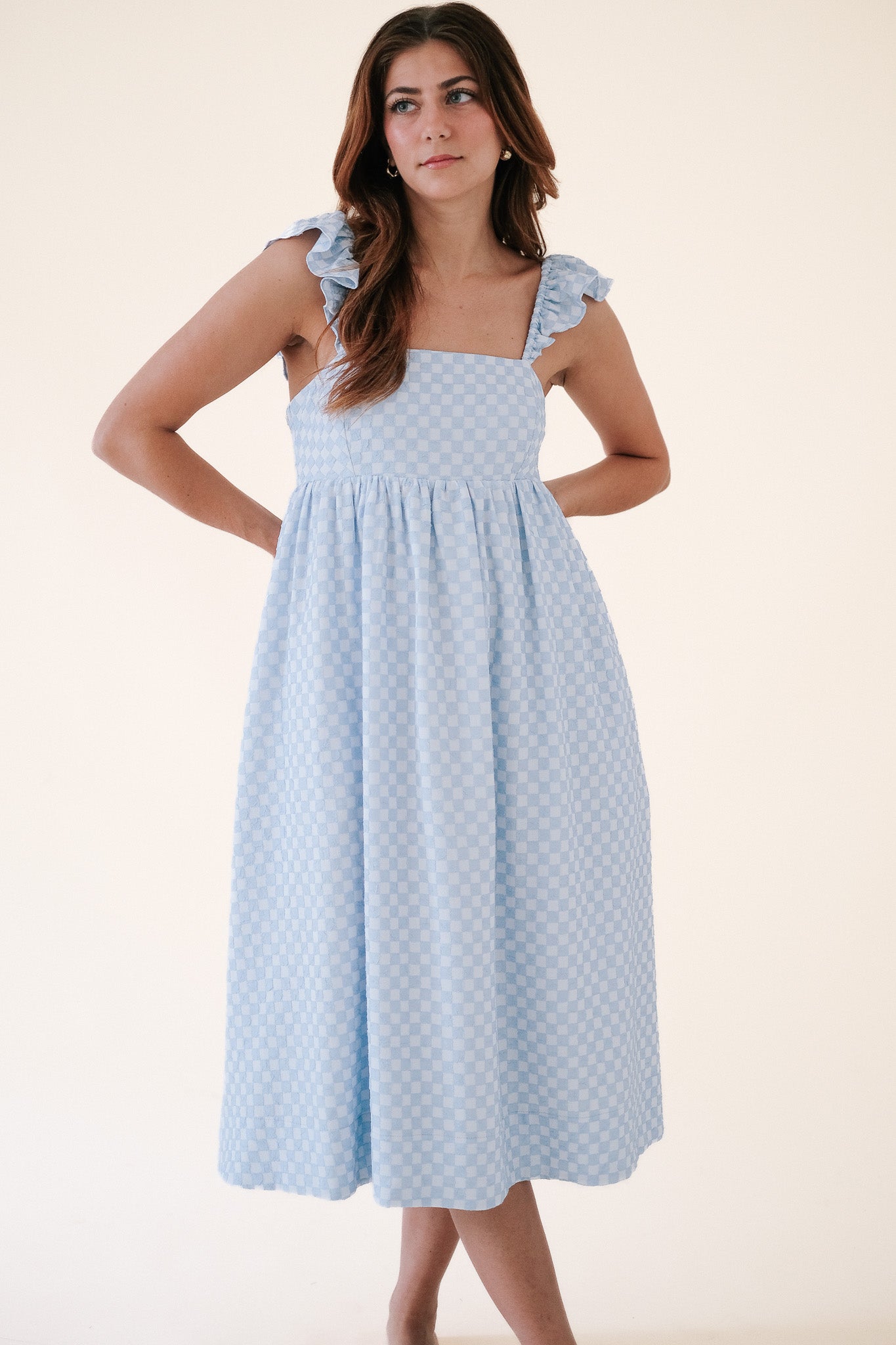 Aureum Briar Checkered Ruffle Sleeve Midi Dress (Blue) (L)