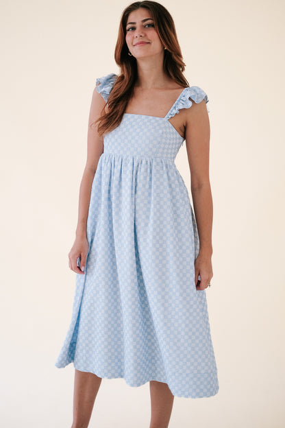 Aureum Briar Checkered Ruffle Sleeve Midi Dress (Blue) (L)