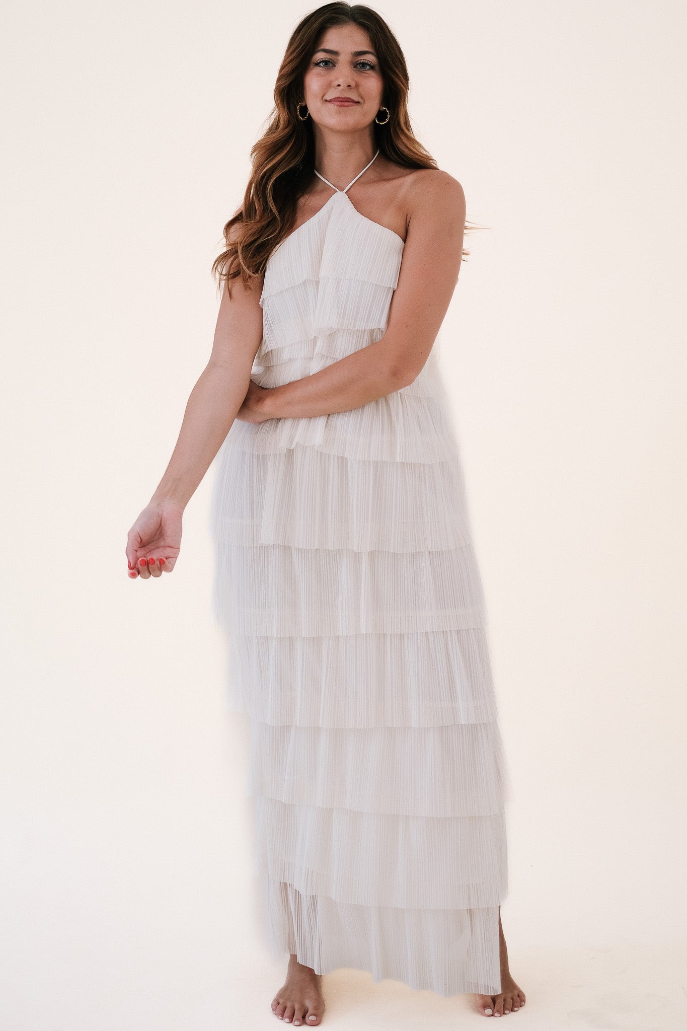 Bria Pleated Tulle Halter Maxi Dress (Cream) L