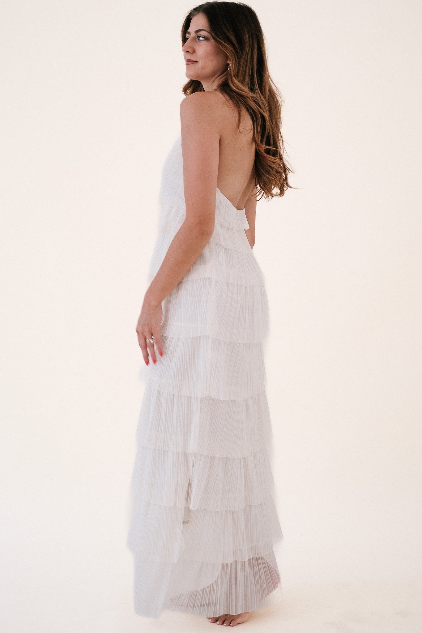 Bria Pleated Tulle Halter Maxi Dress (Cream) L