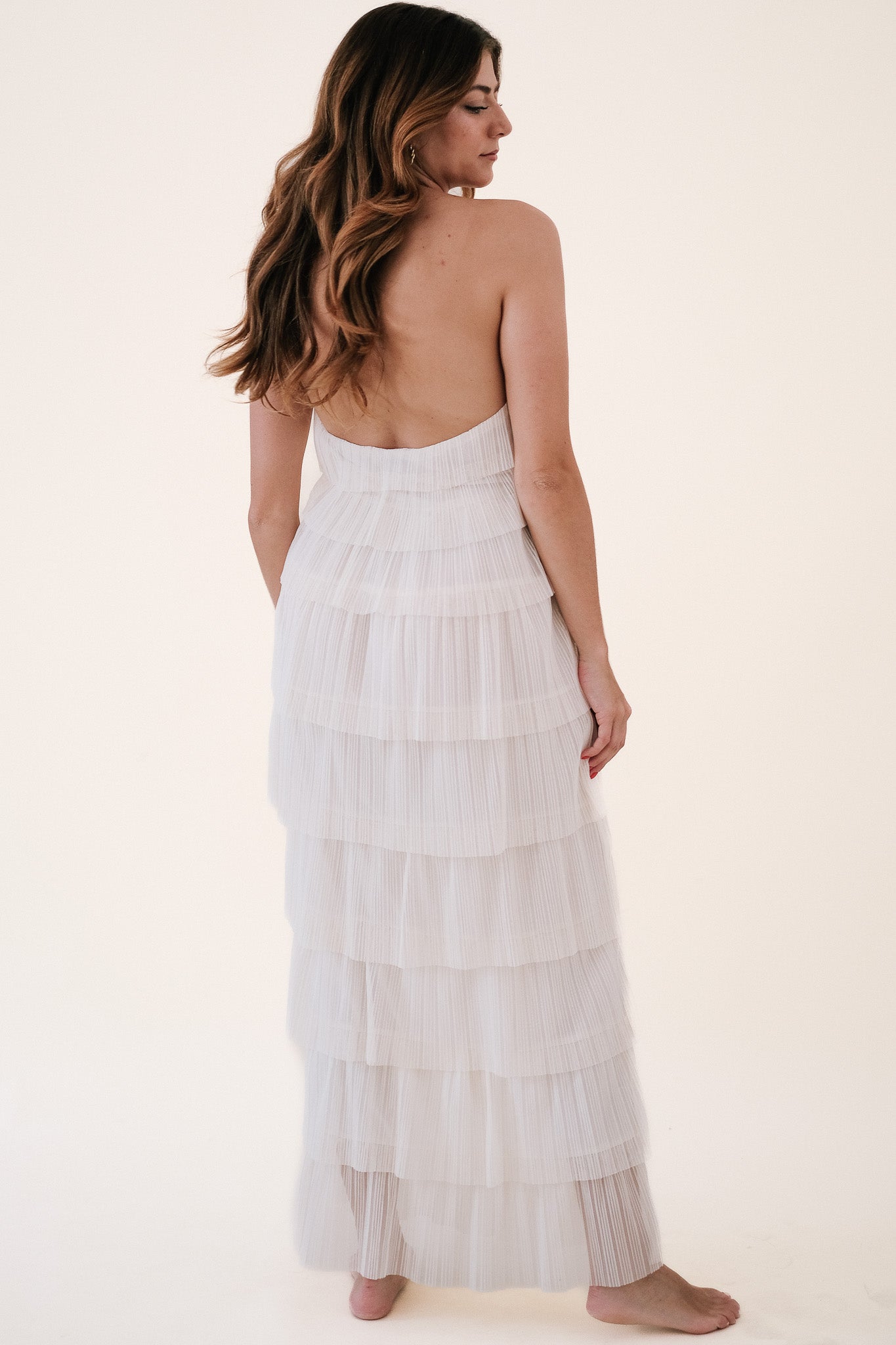 Bria Pleated Tulle Halter Maxi Dress (Cream) L
