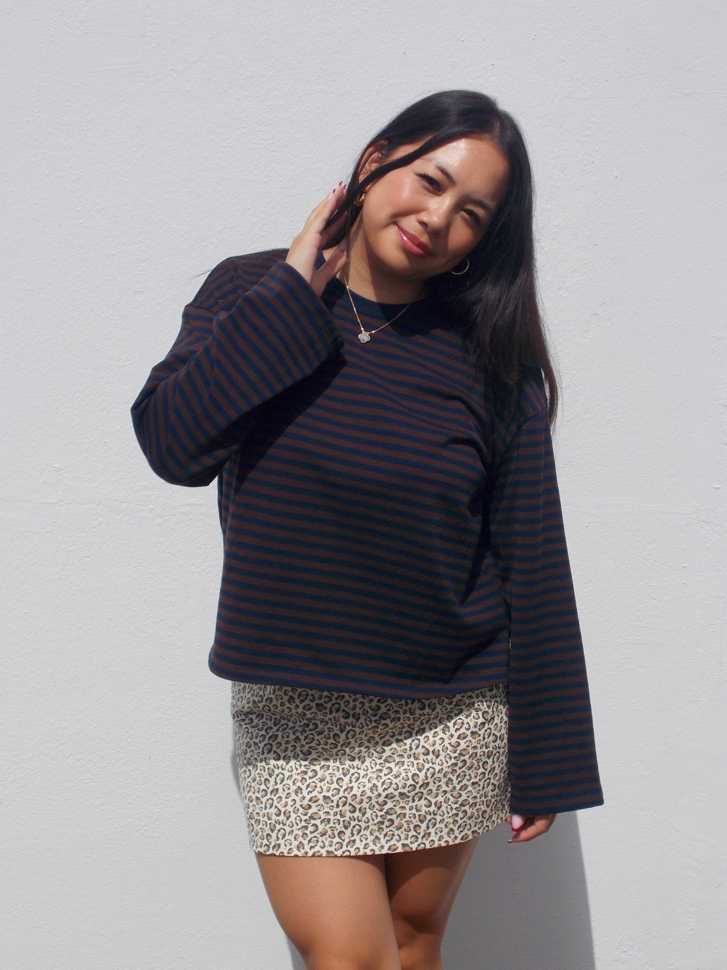 Callahan Striped Cotton Long Sleeve Top (Brown)