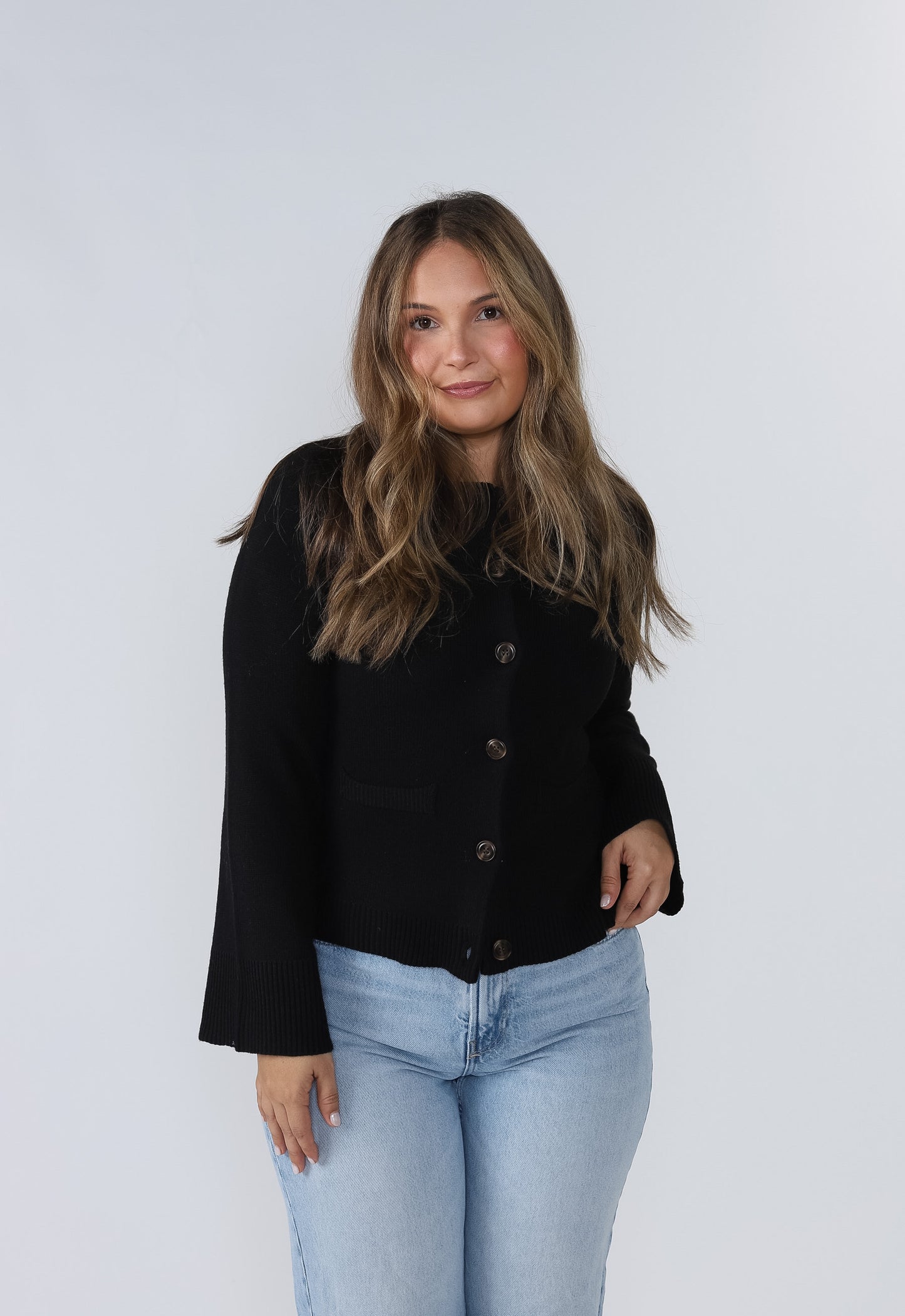 Hallie Buttoned Fit Flare Knit Top (Black)