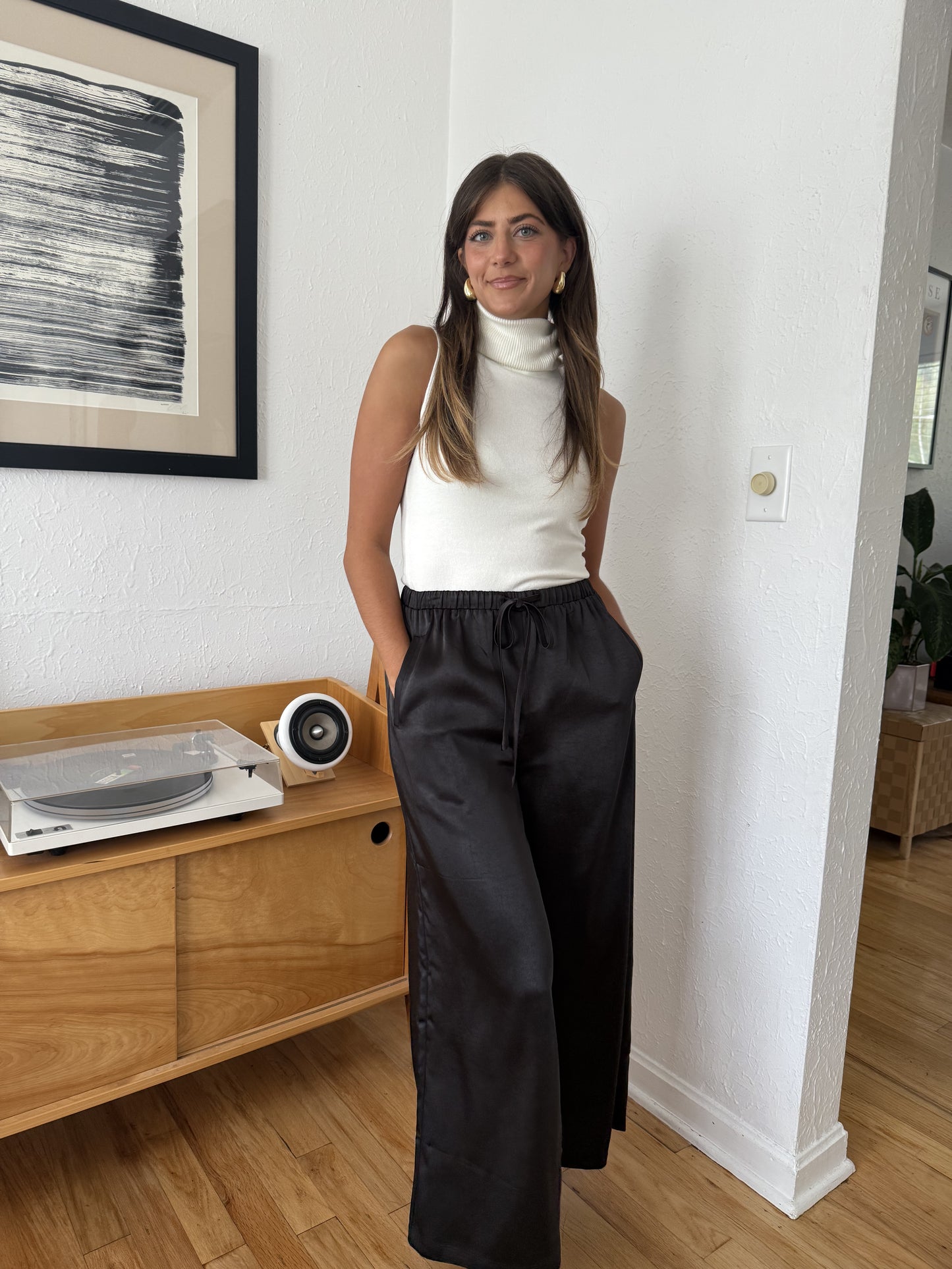 Gemma Satin Wide Leg Drawstring Pants (Black)