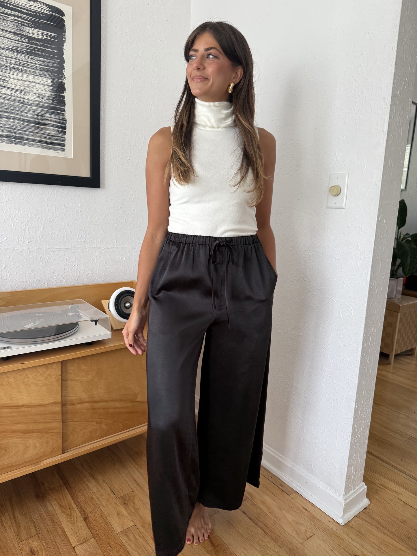 Gemma Satin Wide Leg Drawstring Pants (Black)