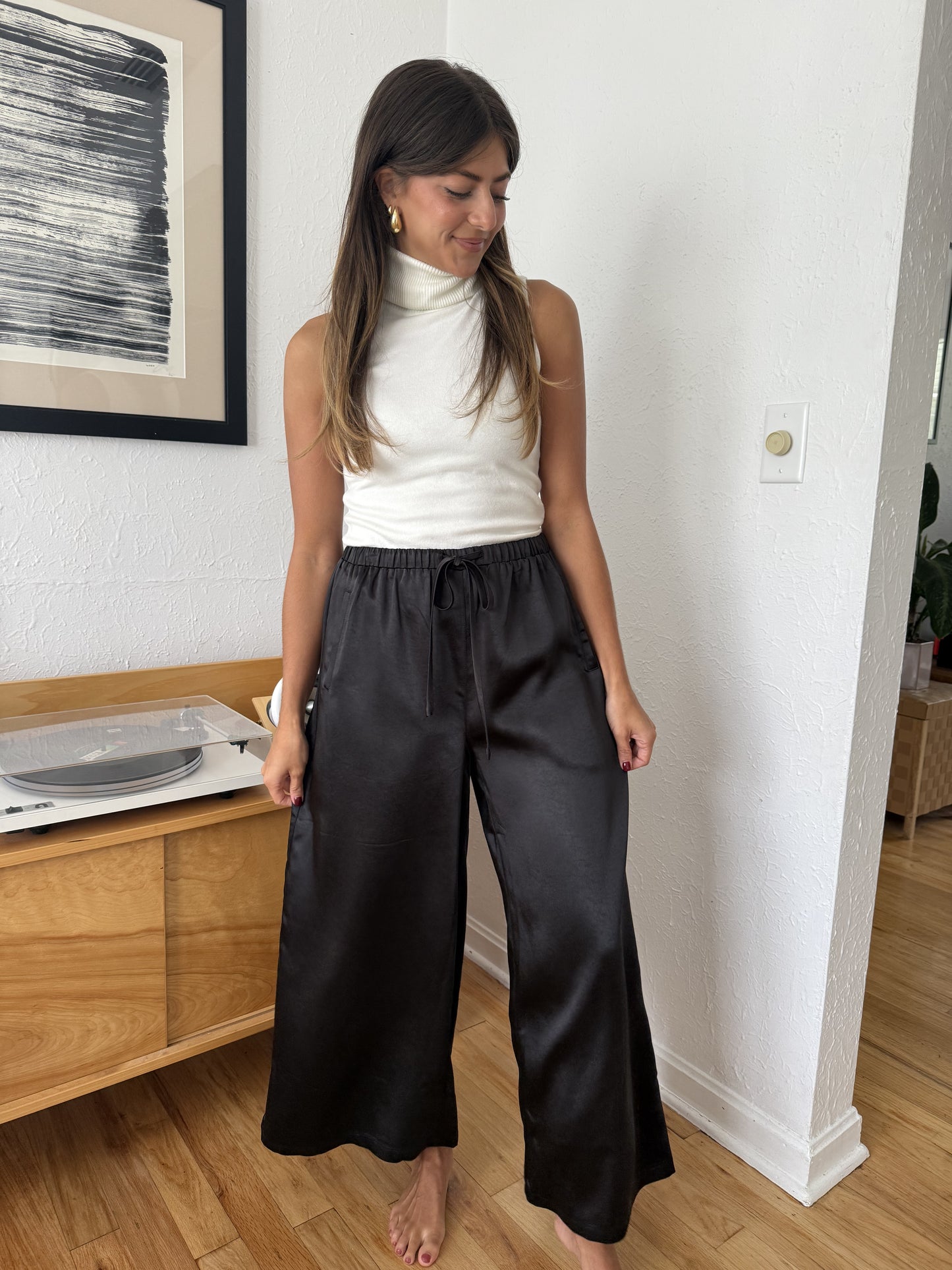 Gemma Satin Wide Leg Drawstring Pants (Black)