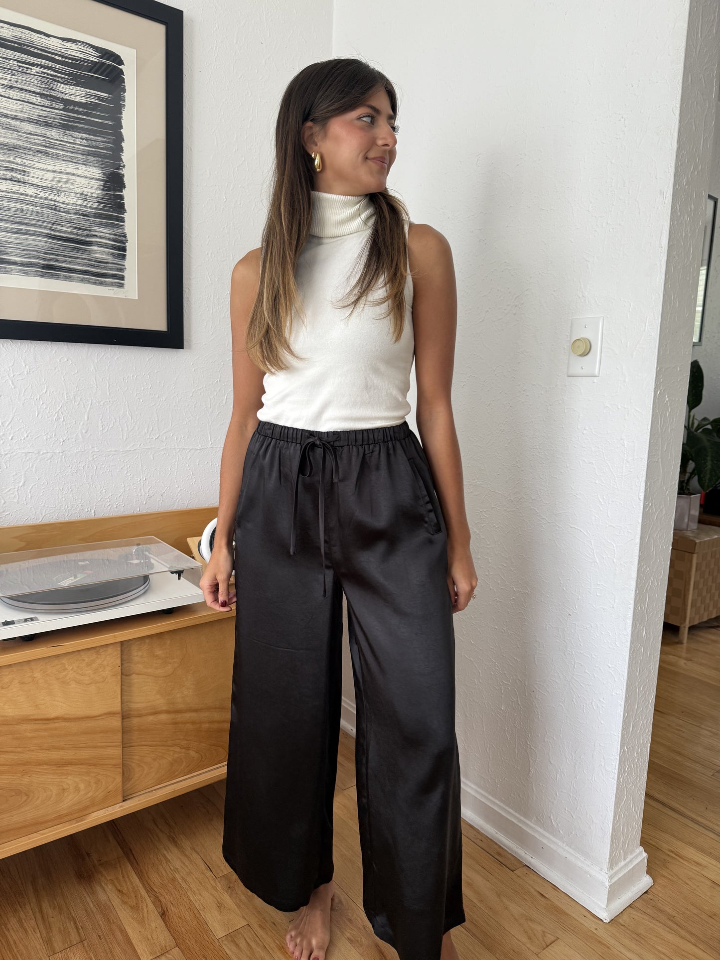 Gemma Satin Wide Leg Drawstring Pants (Black)