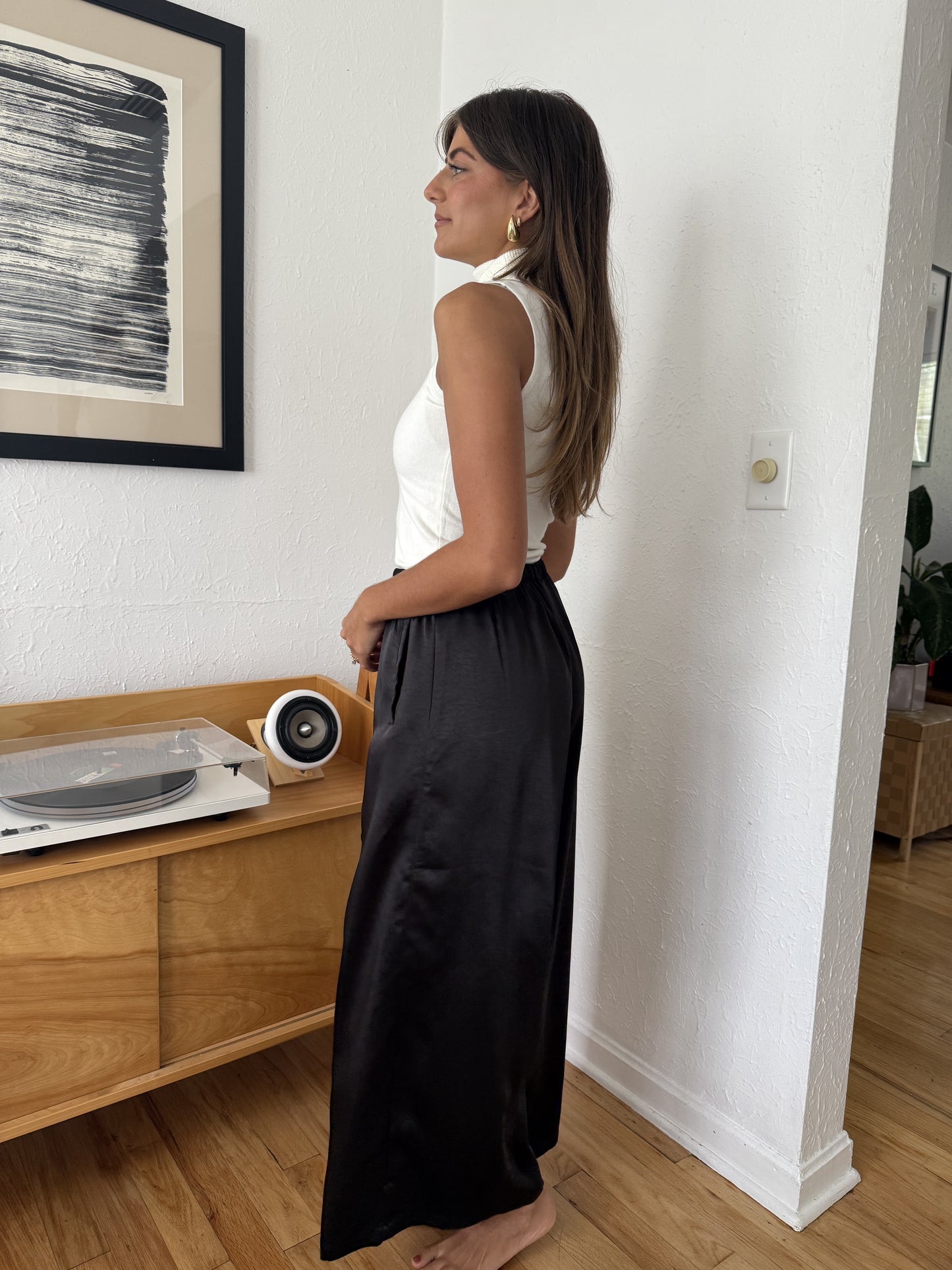 Gemma Satin Wide Leg Drawstring Pants (Black)