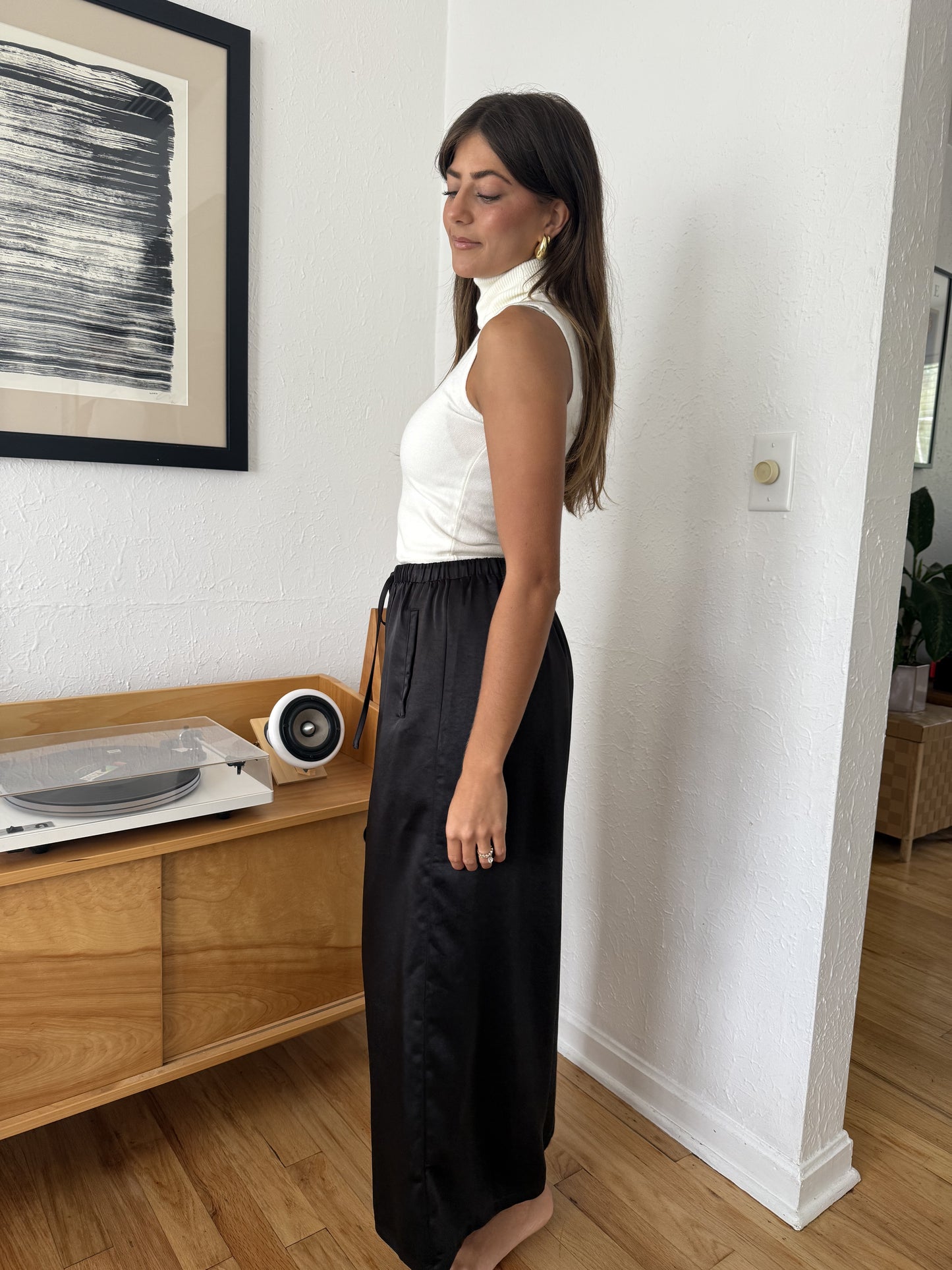 Gemma Satin Wide Leg Drawstring Pants (Black)