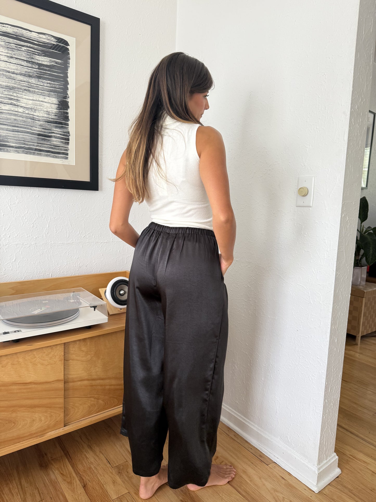 Gemma Satin Wide Leg Drawstring Pants (Black)