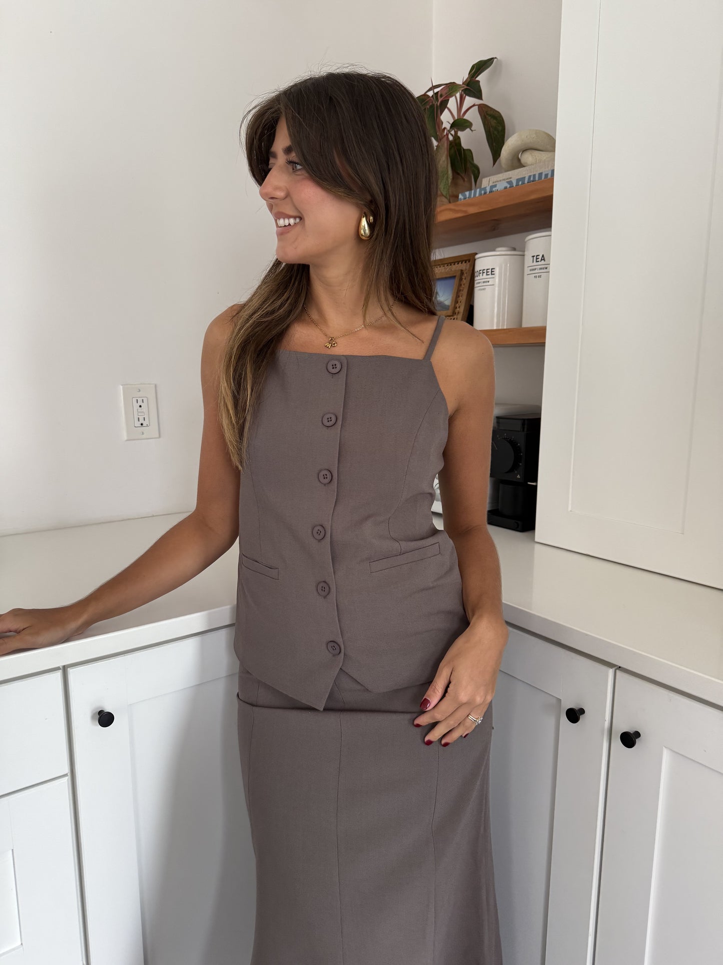 Genevieve Grey Buttoned Sleeveless Vest Top