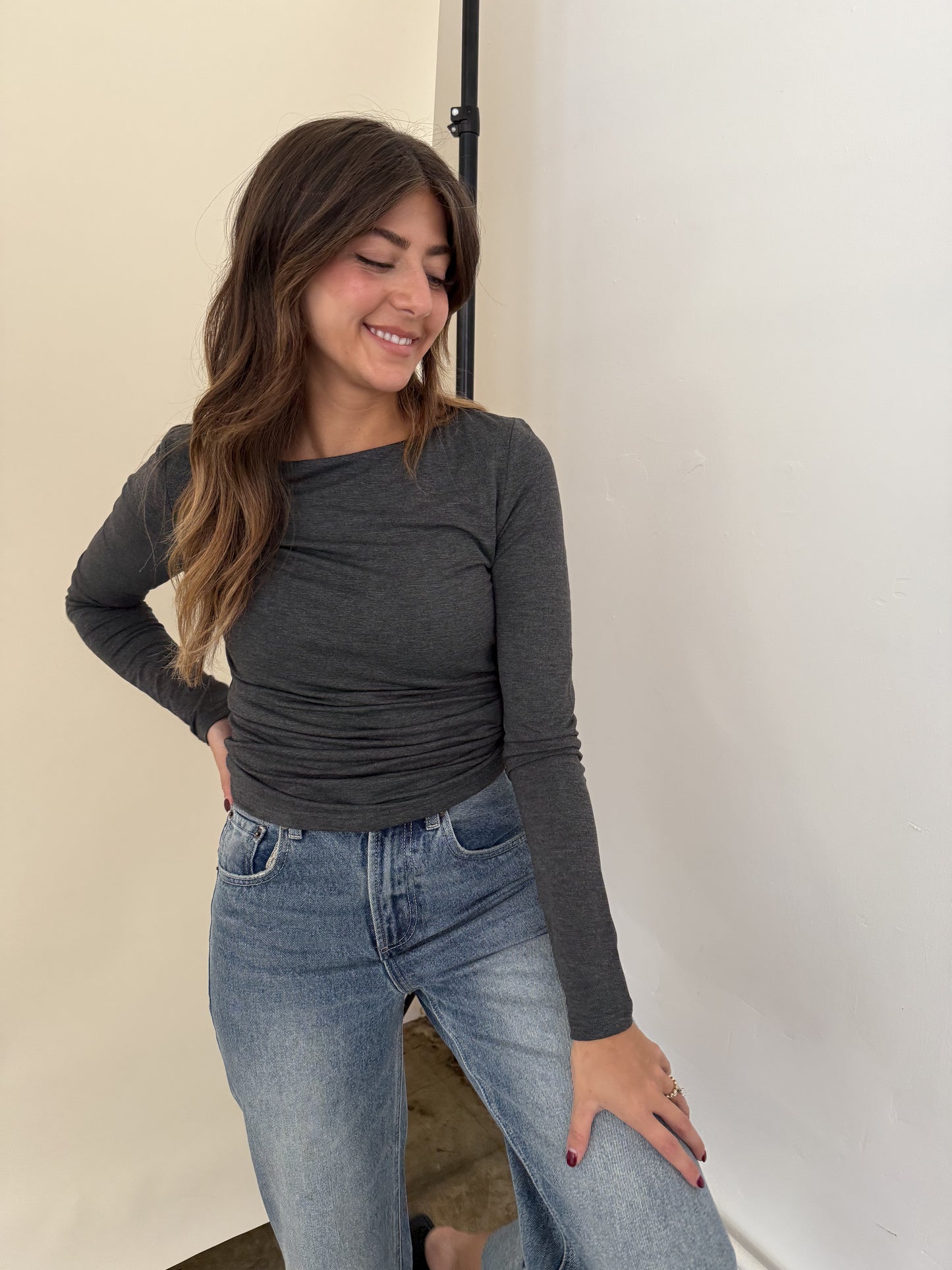 Isla Soft Bodycon Long Sleeve Top (Grey)