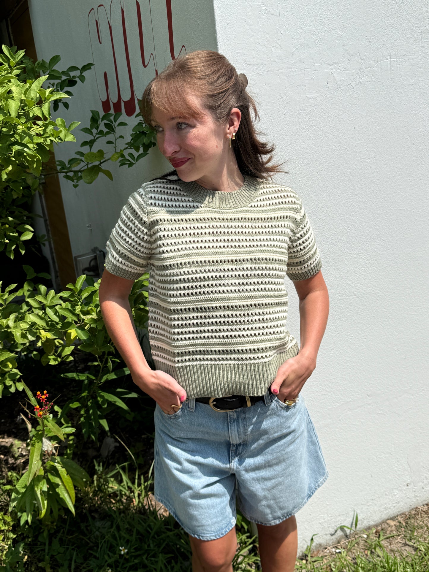PINCH Ariana Eyelet Stripe Short Sleeve Sweater (Olive)