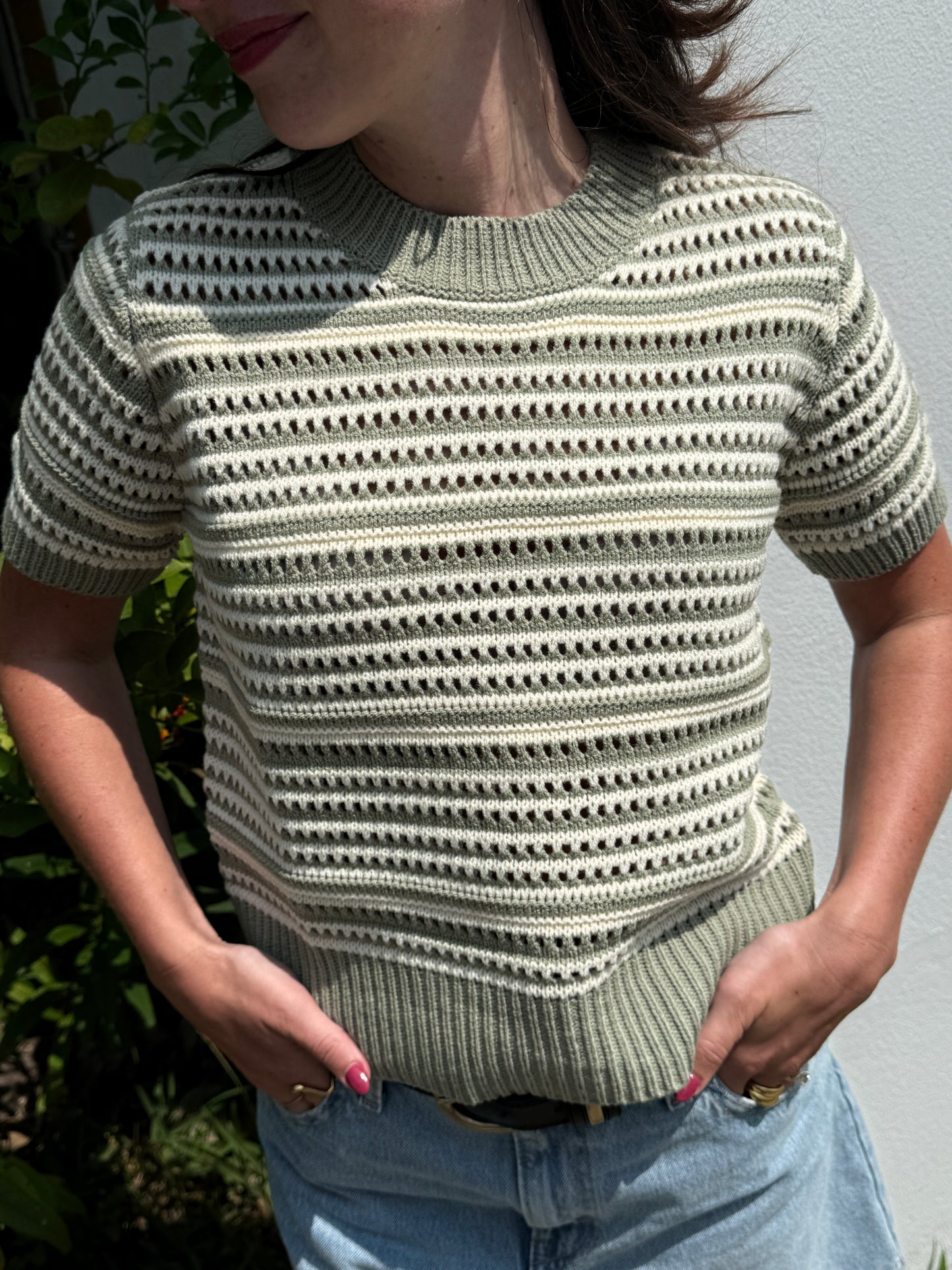 PINCH Ariana Eyelet Stripe Short Sleeve Sweater (Olive)
