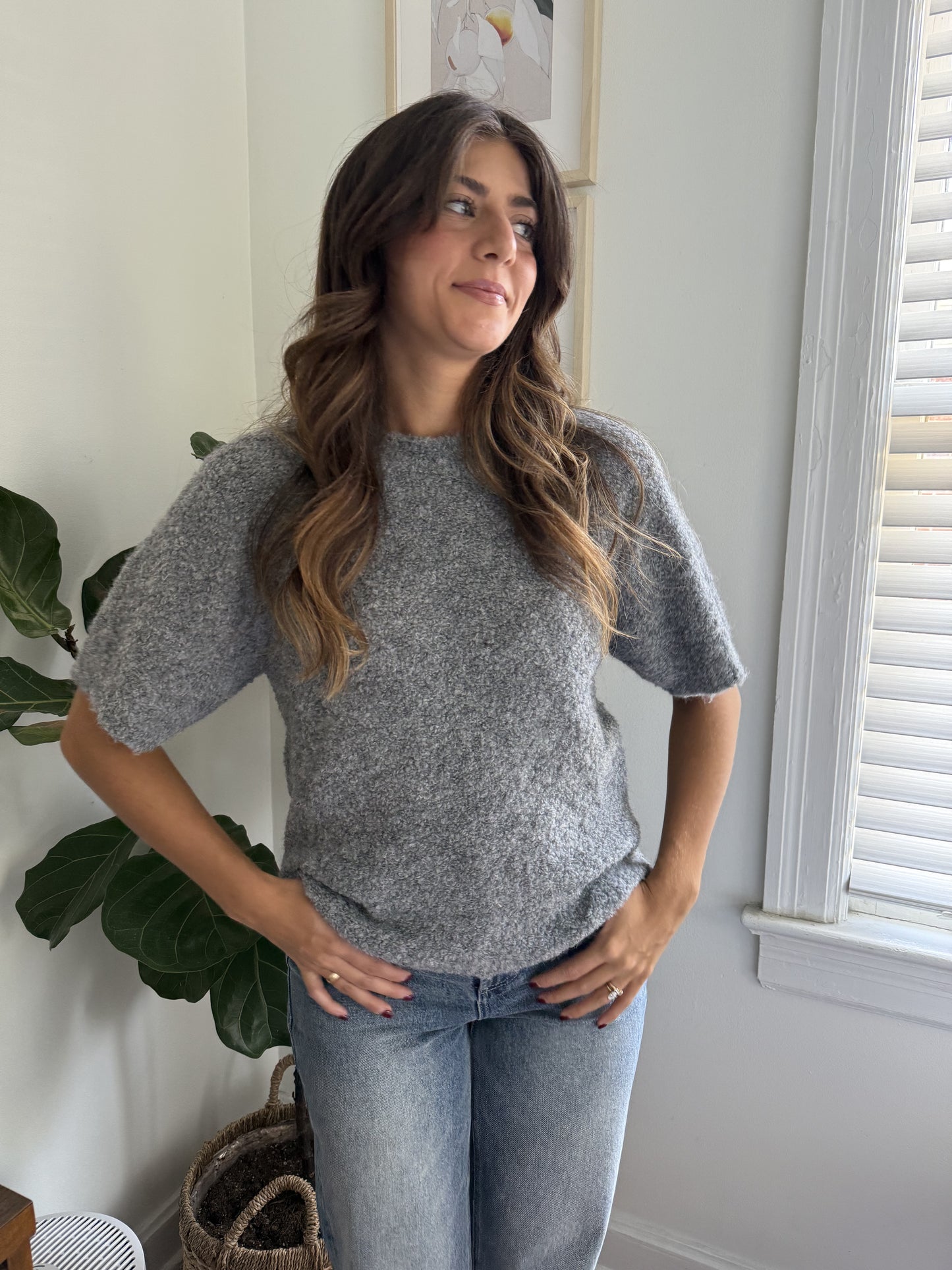 Things Between Jude Boucle Knit Short Sleeve Top (Grey) L