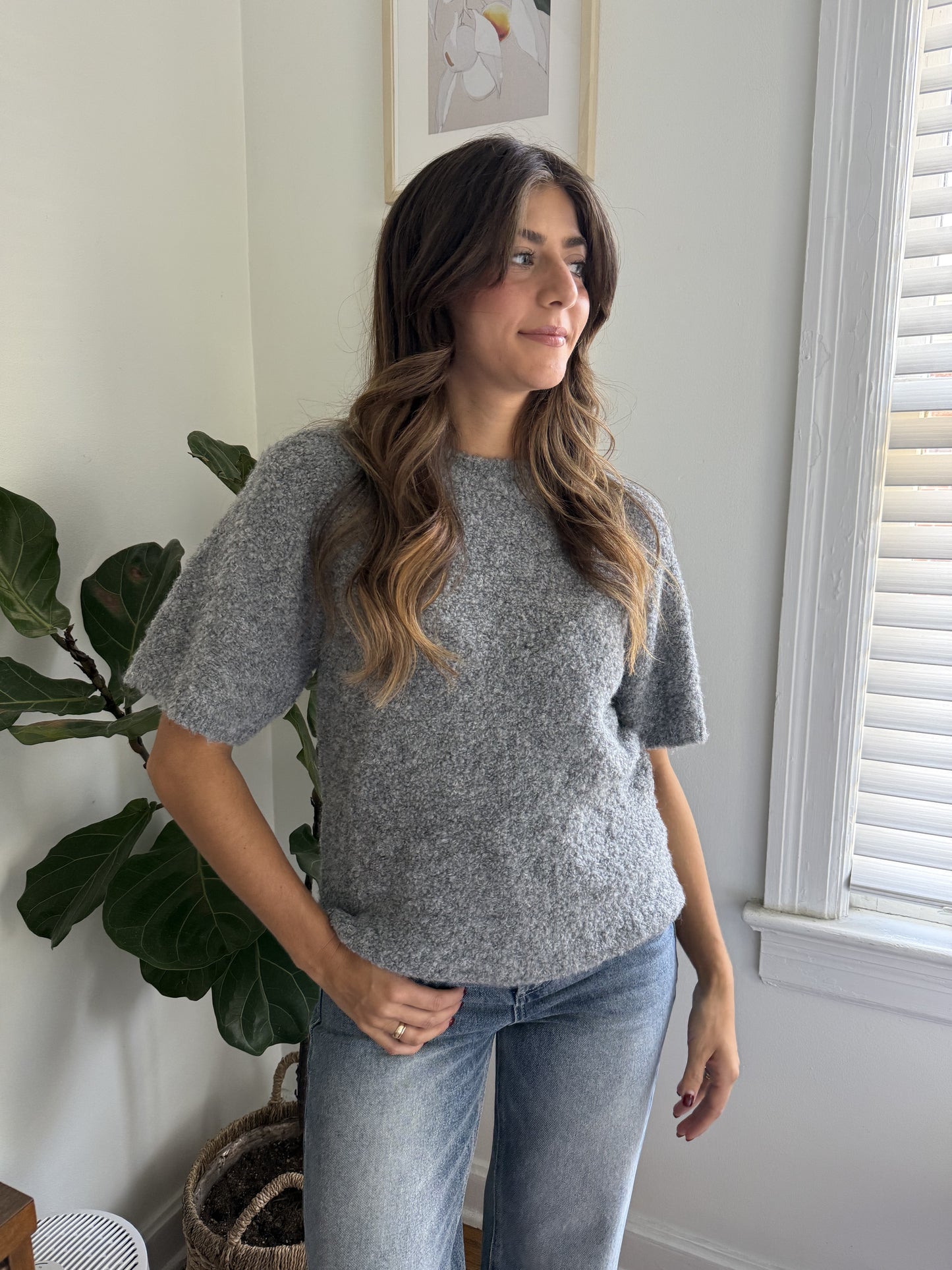 Things Between Jude Boucle Knit Short Sleeve Top (Grey) L