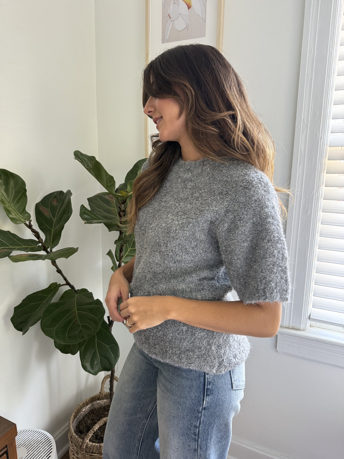 Things Between Jude Boucle Knit Short Sleeve Top (Grey) L