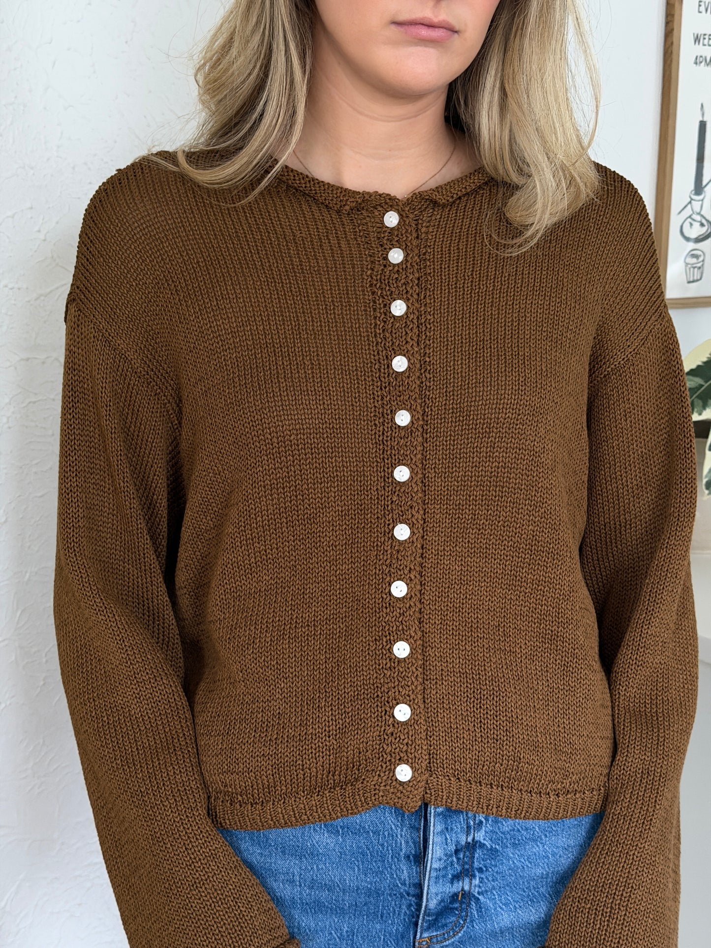 Miou Muse Wyatt Brown Woven Knit Buttoned Cardigan