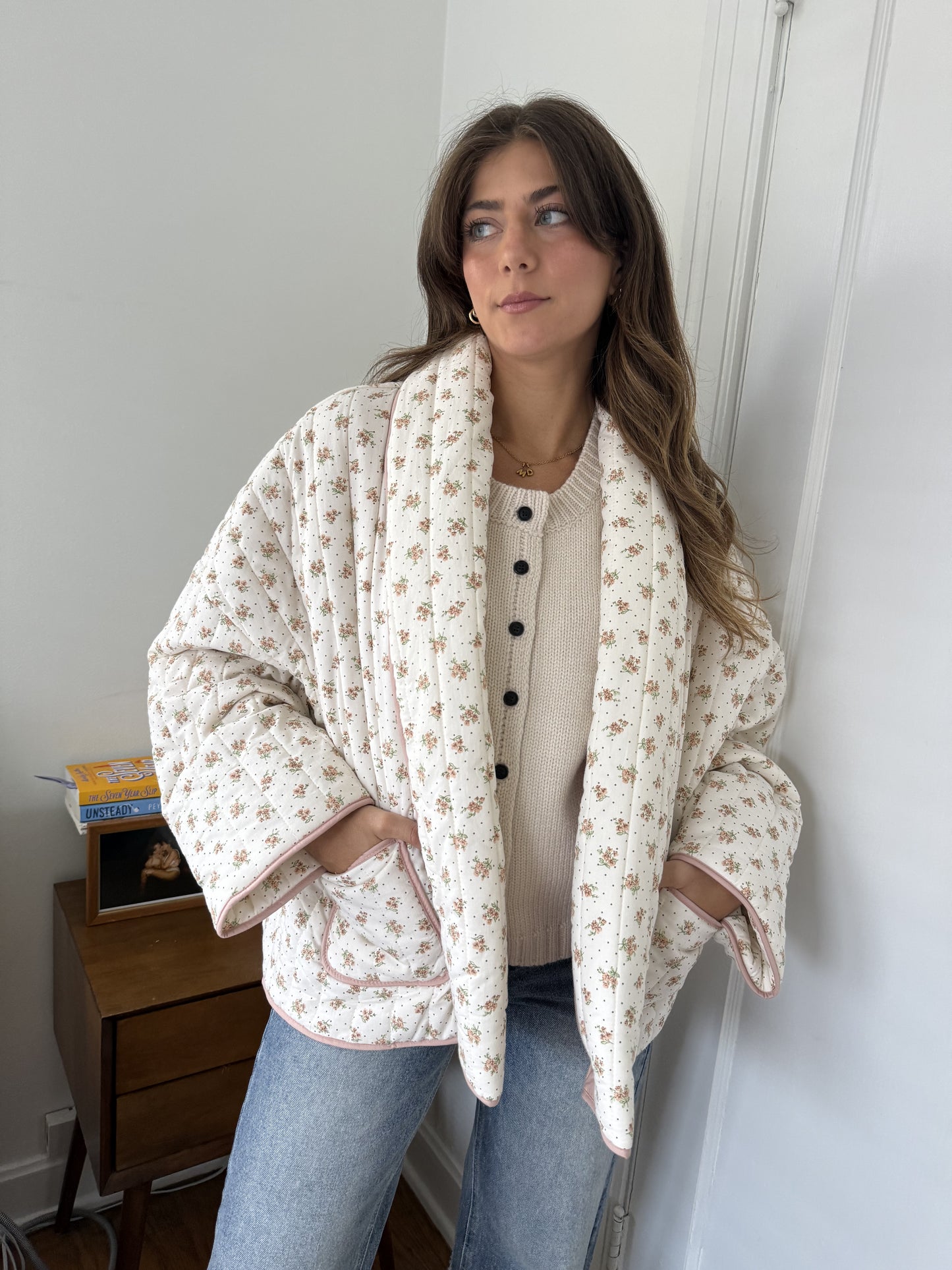 Josie Blush Floral Pattern Quilted Cardigan Jacket (L)