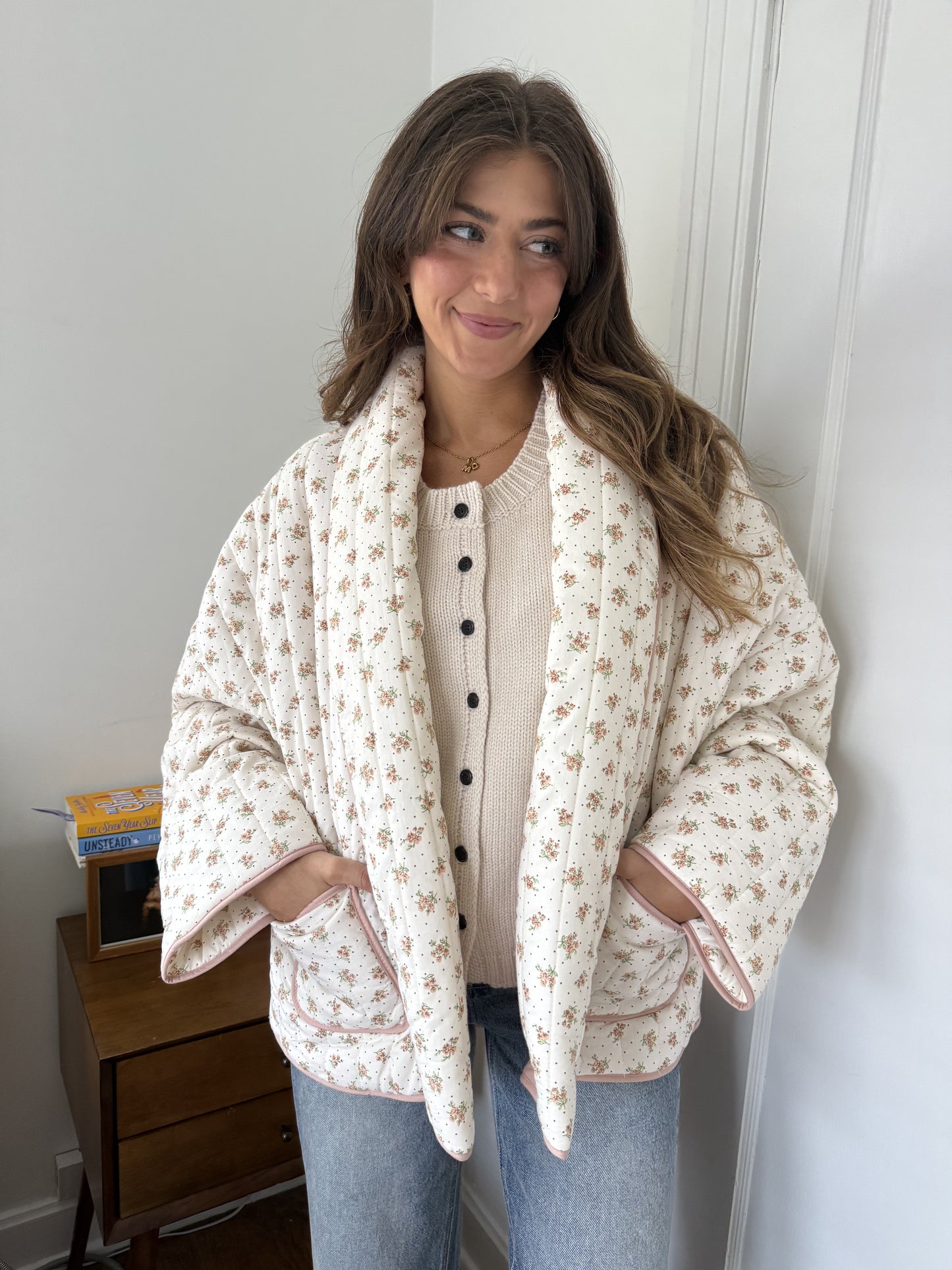 Josie Blush Floral Pattern Quilted Cardigan Jacket (L)